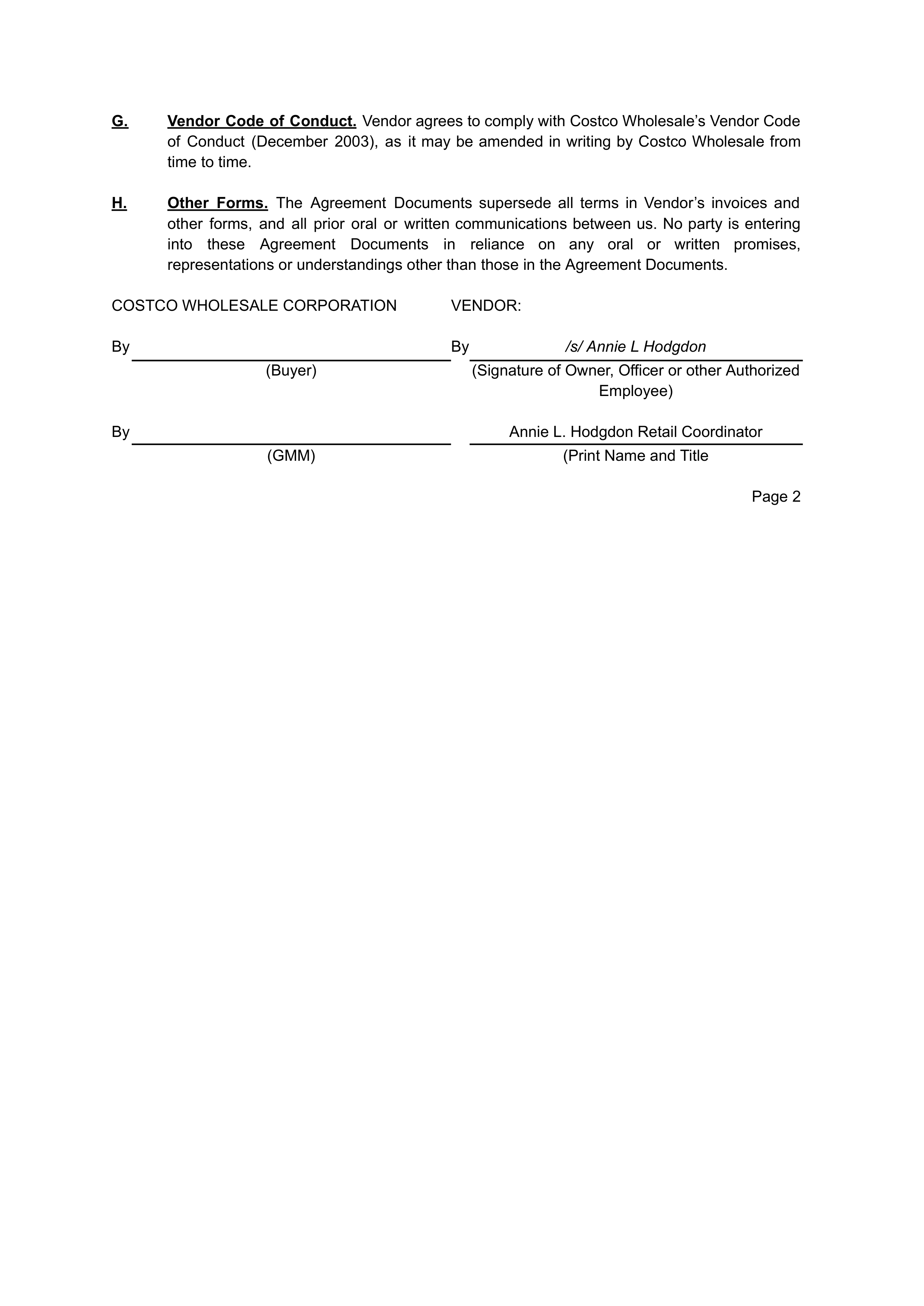 COSTCO WHOLESALE VENDOR AGREEMENT — page 2