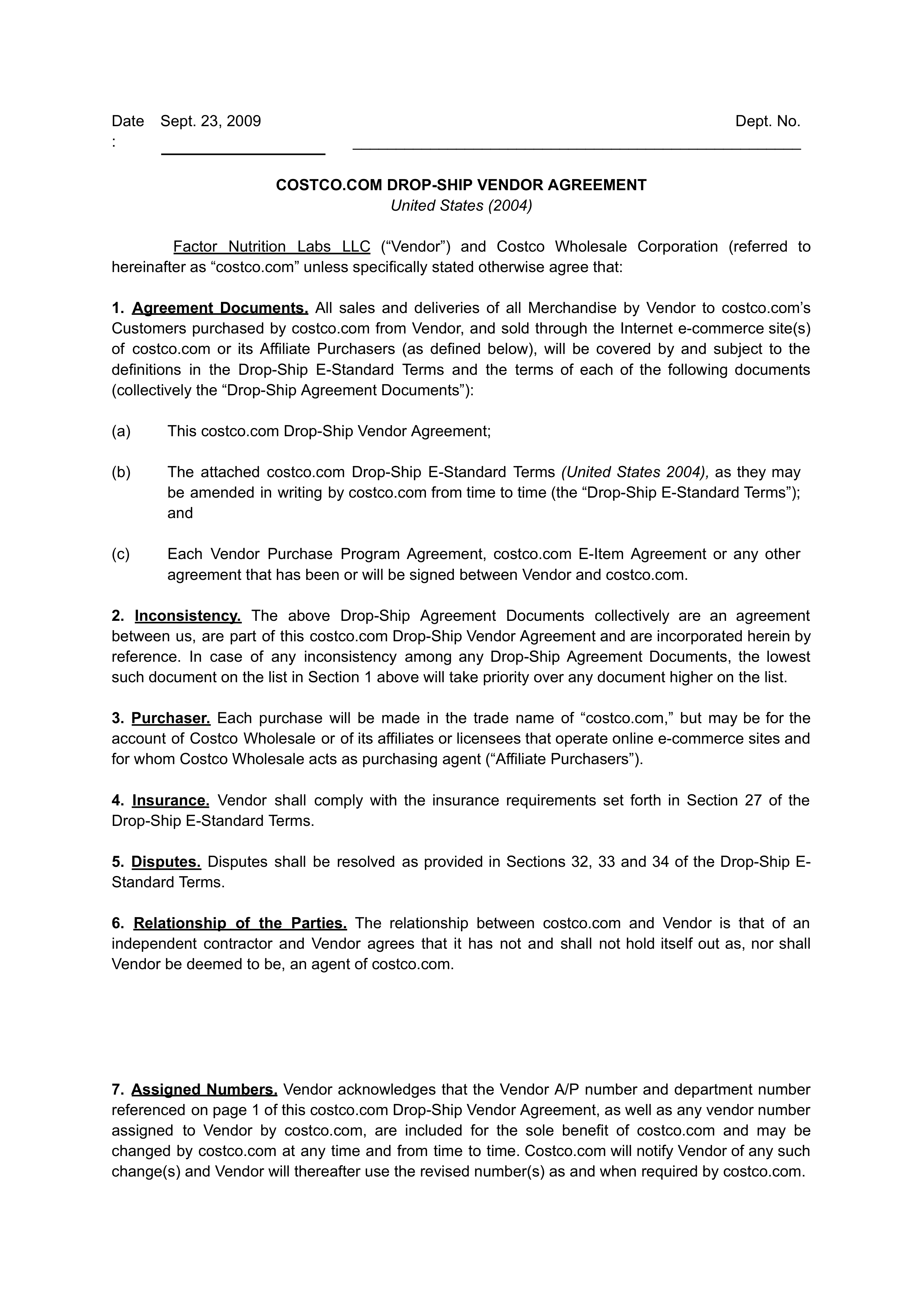 COSTCO WHOLESALE VENDOR AGREEMENT — page 6