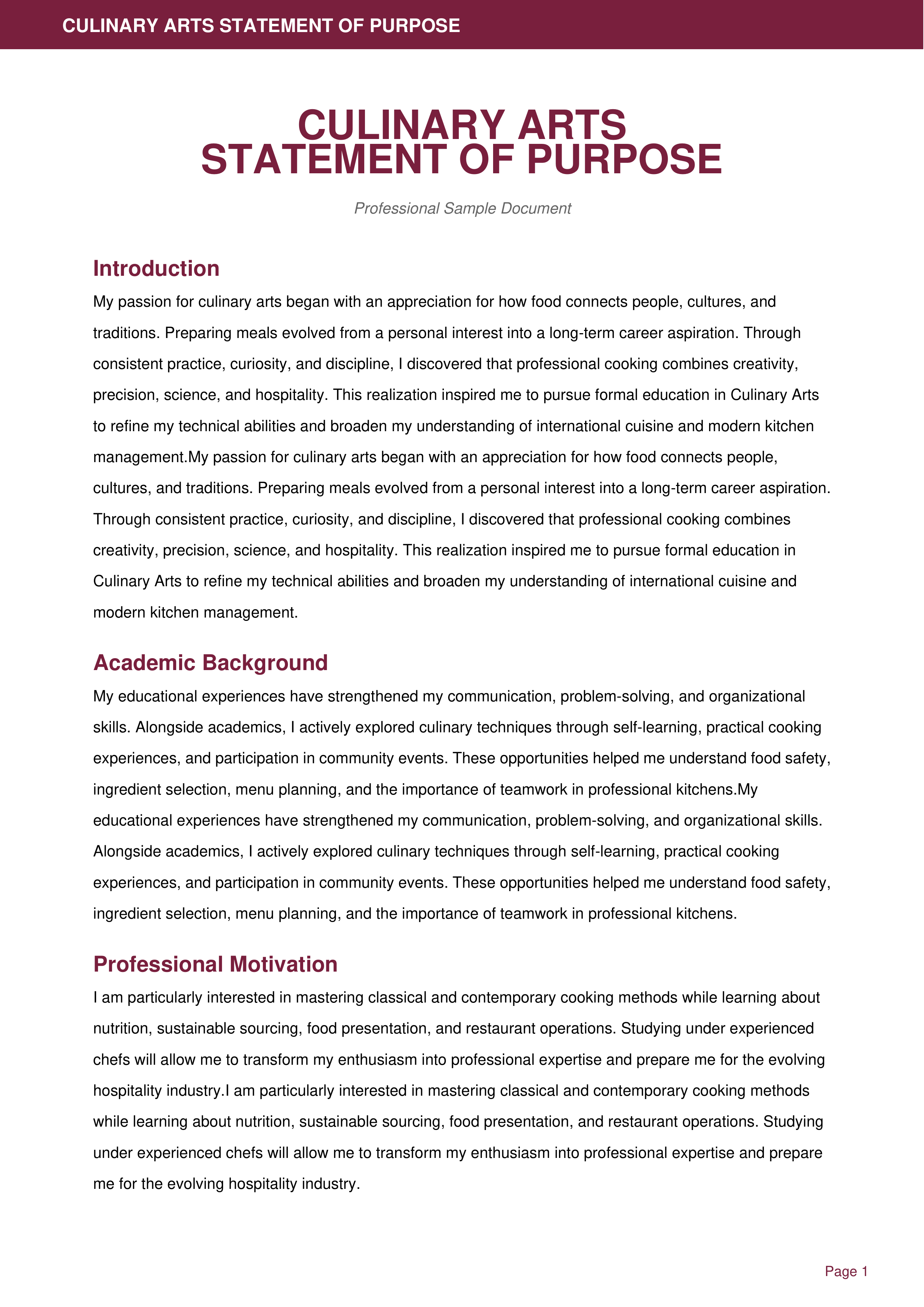 Culinary Arts Statement of Purpose — page 1