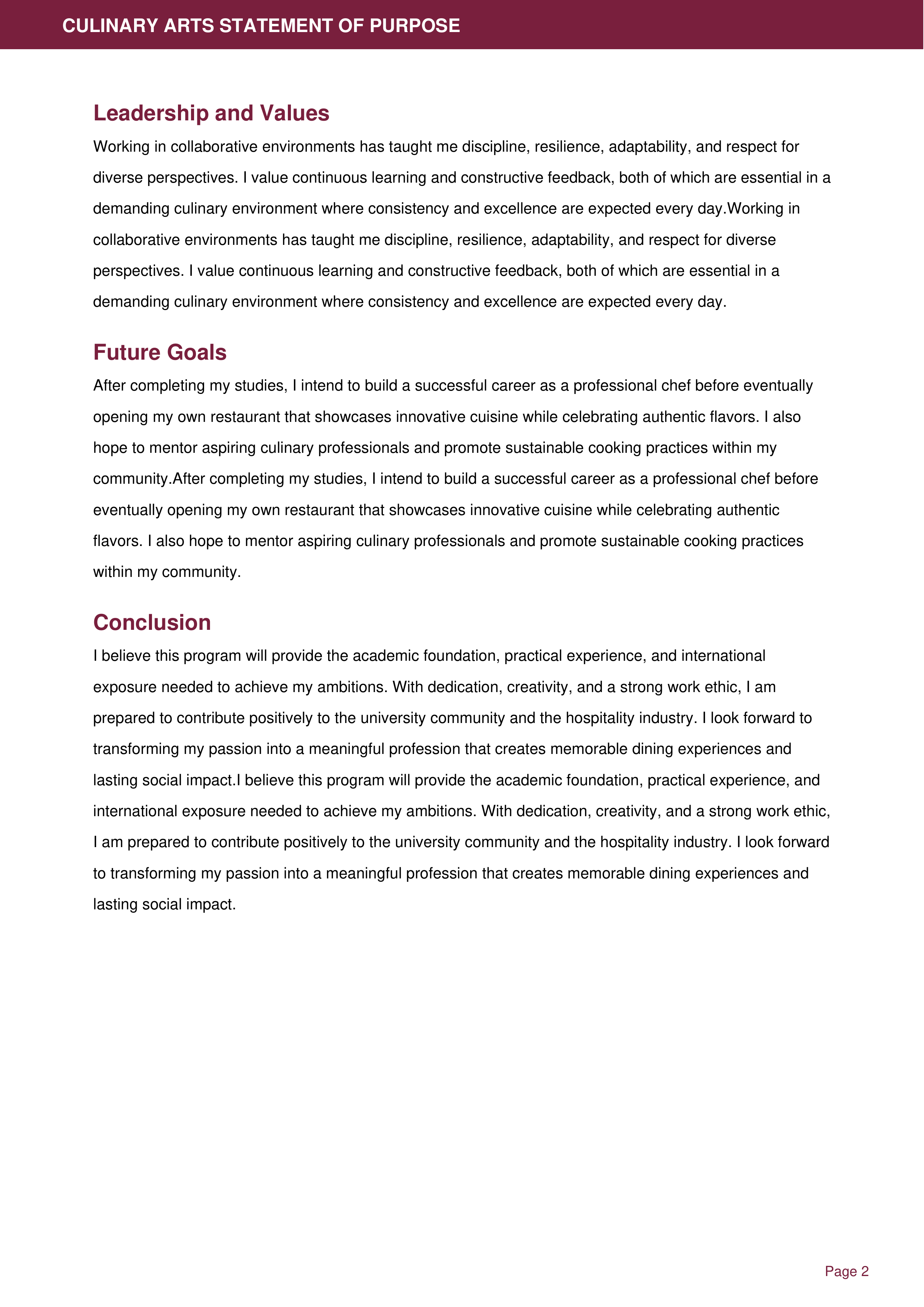 Culinary Arts Statement of Purpose — page 2