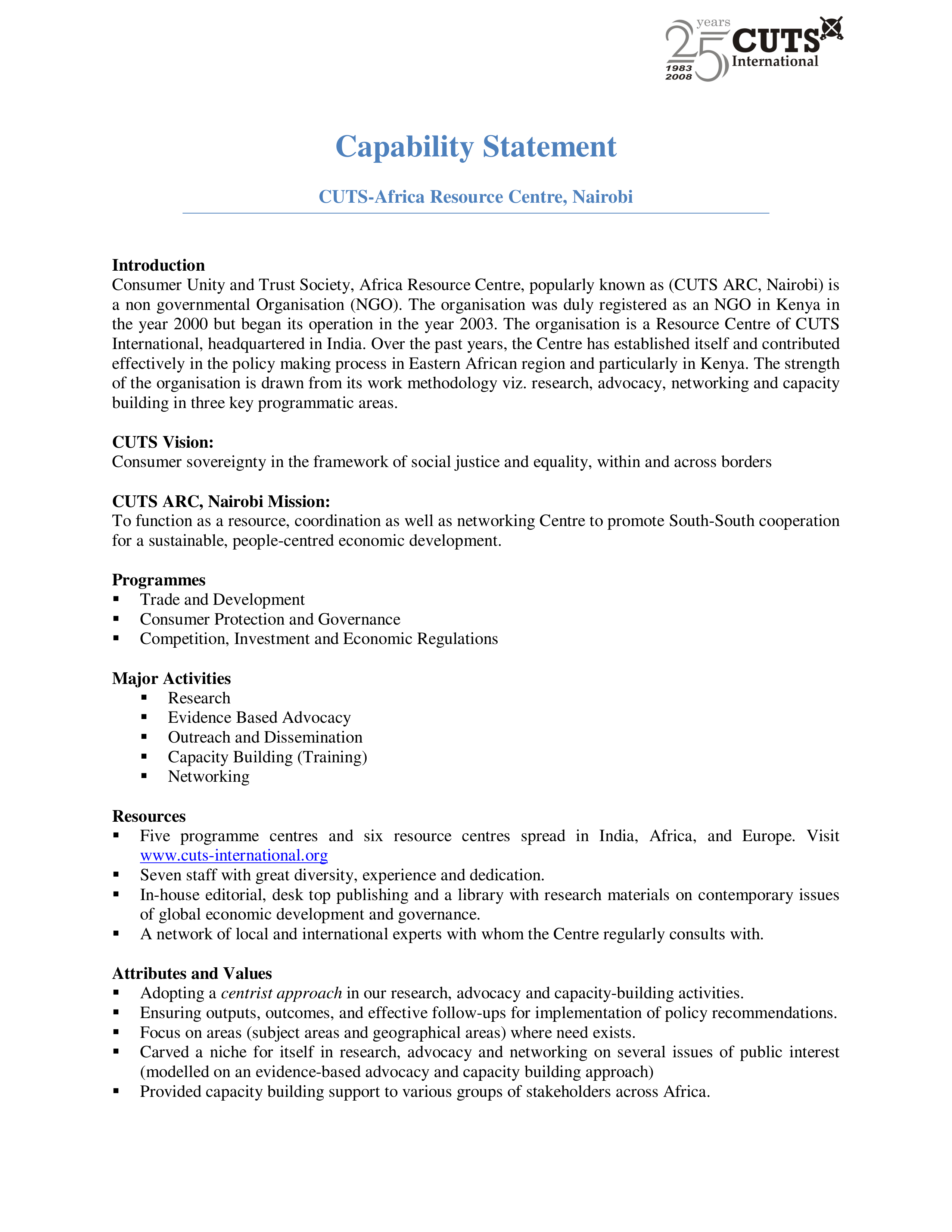 CUTS Africa Capability Statement — page 1