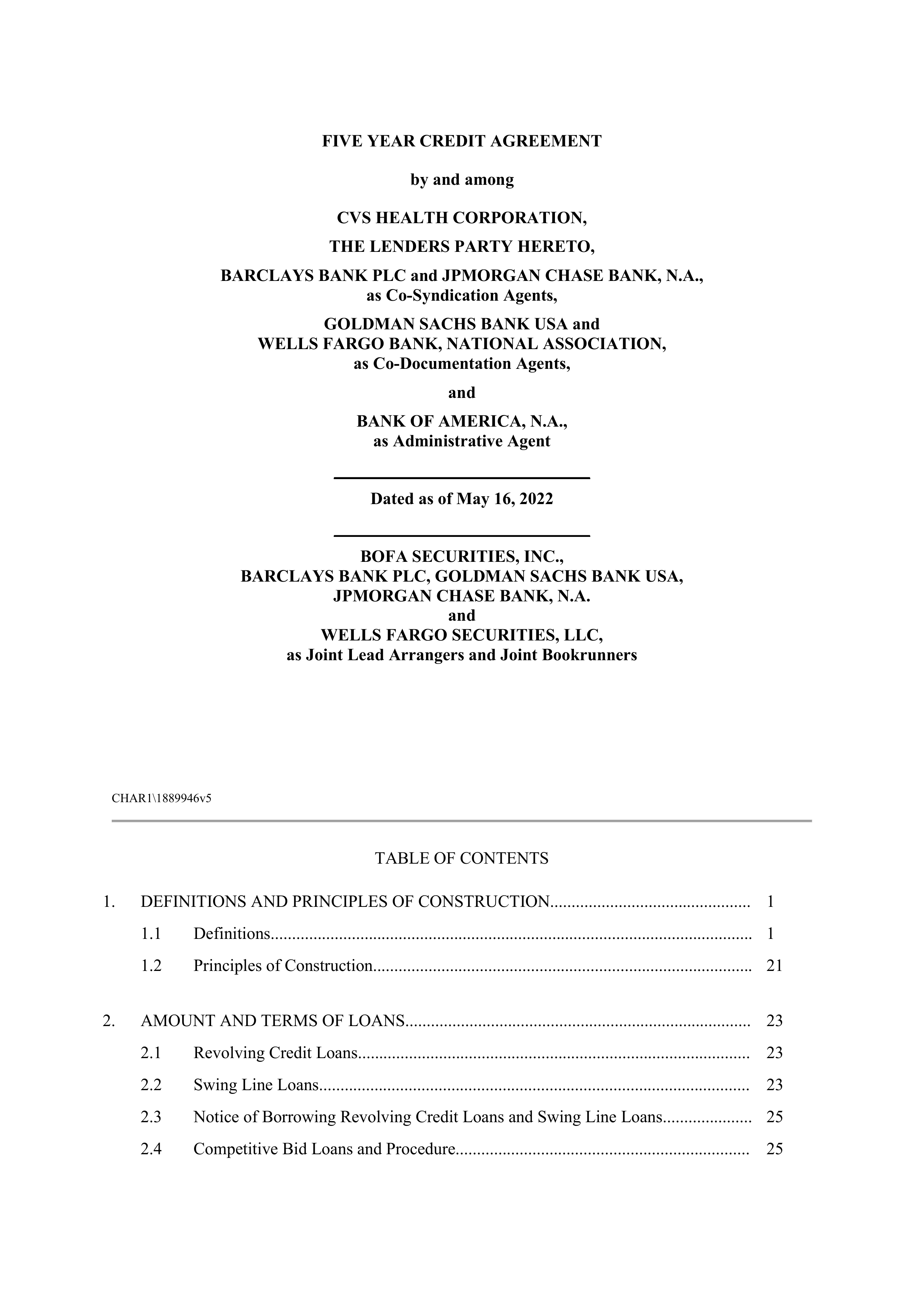 CVS HEALTH CORPORATION FIVE YEAR CREDIT AGREEMENT — page 1