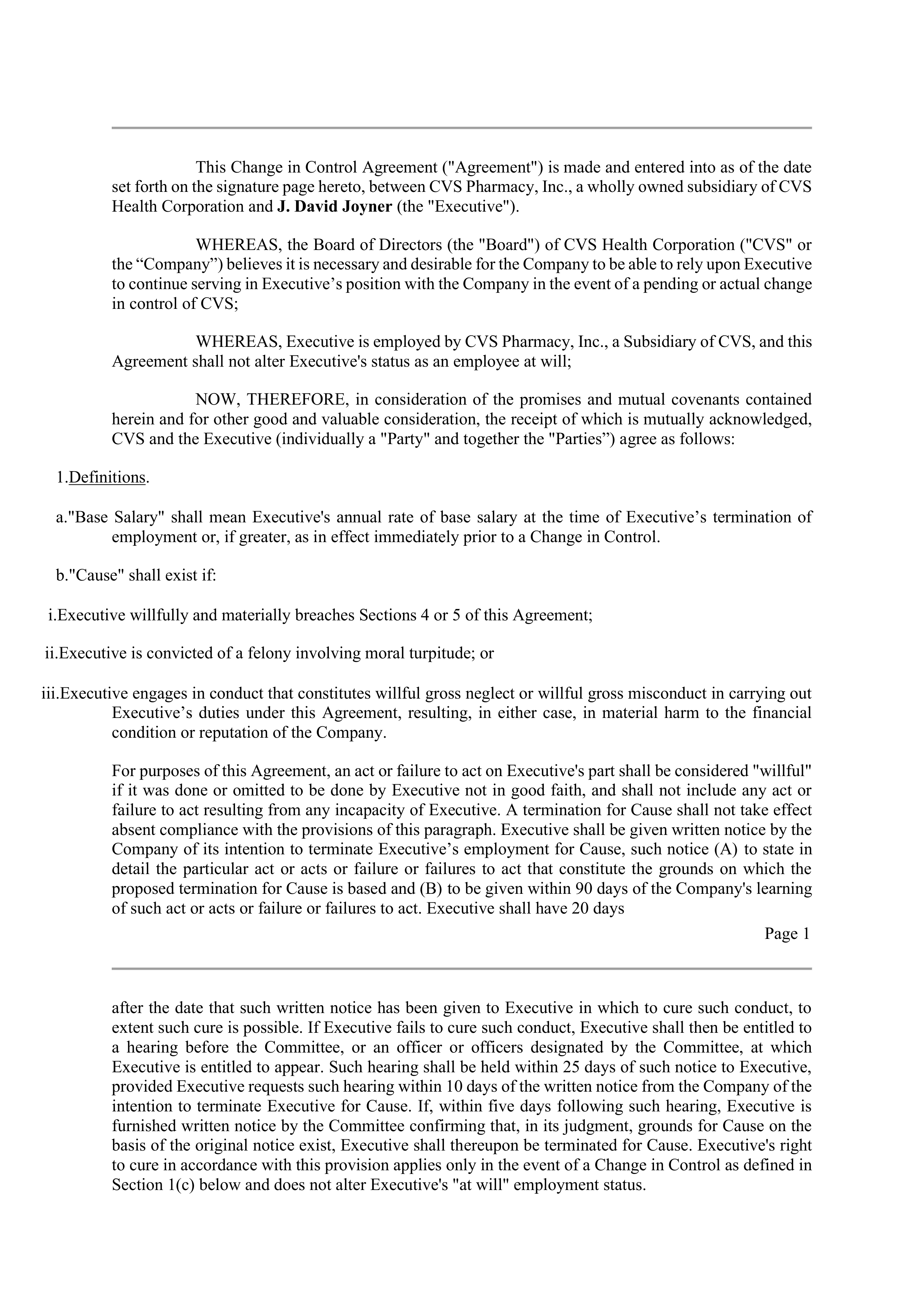 CVS Health Corporation Change in Control Agreement — page 3