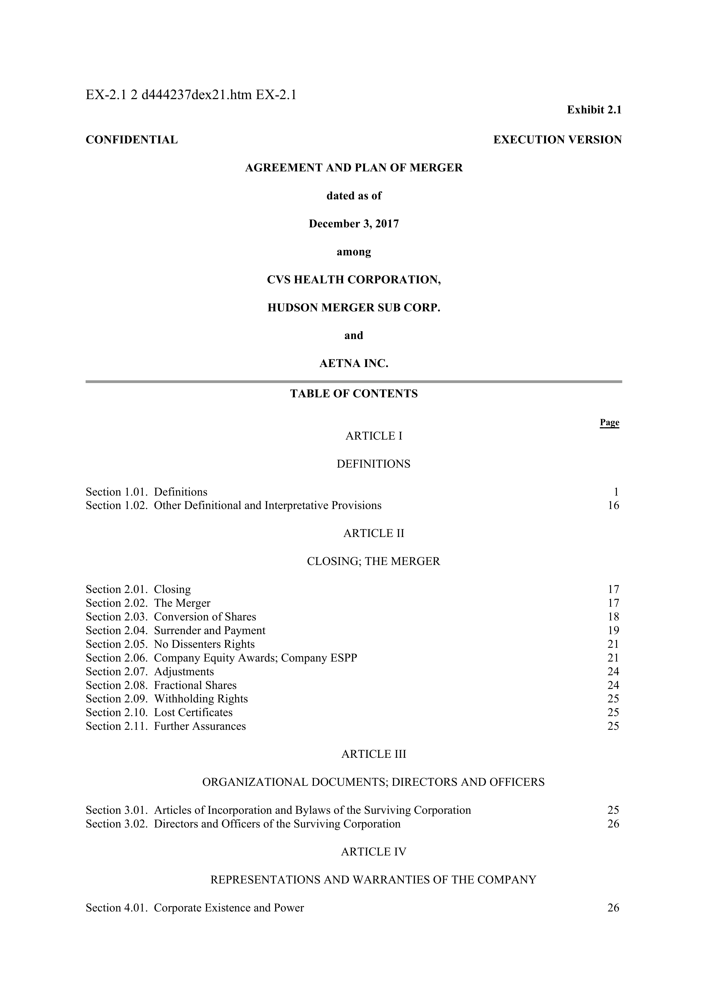 CVS Health Corporation PLAN OF MERGER — page 1