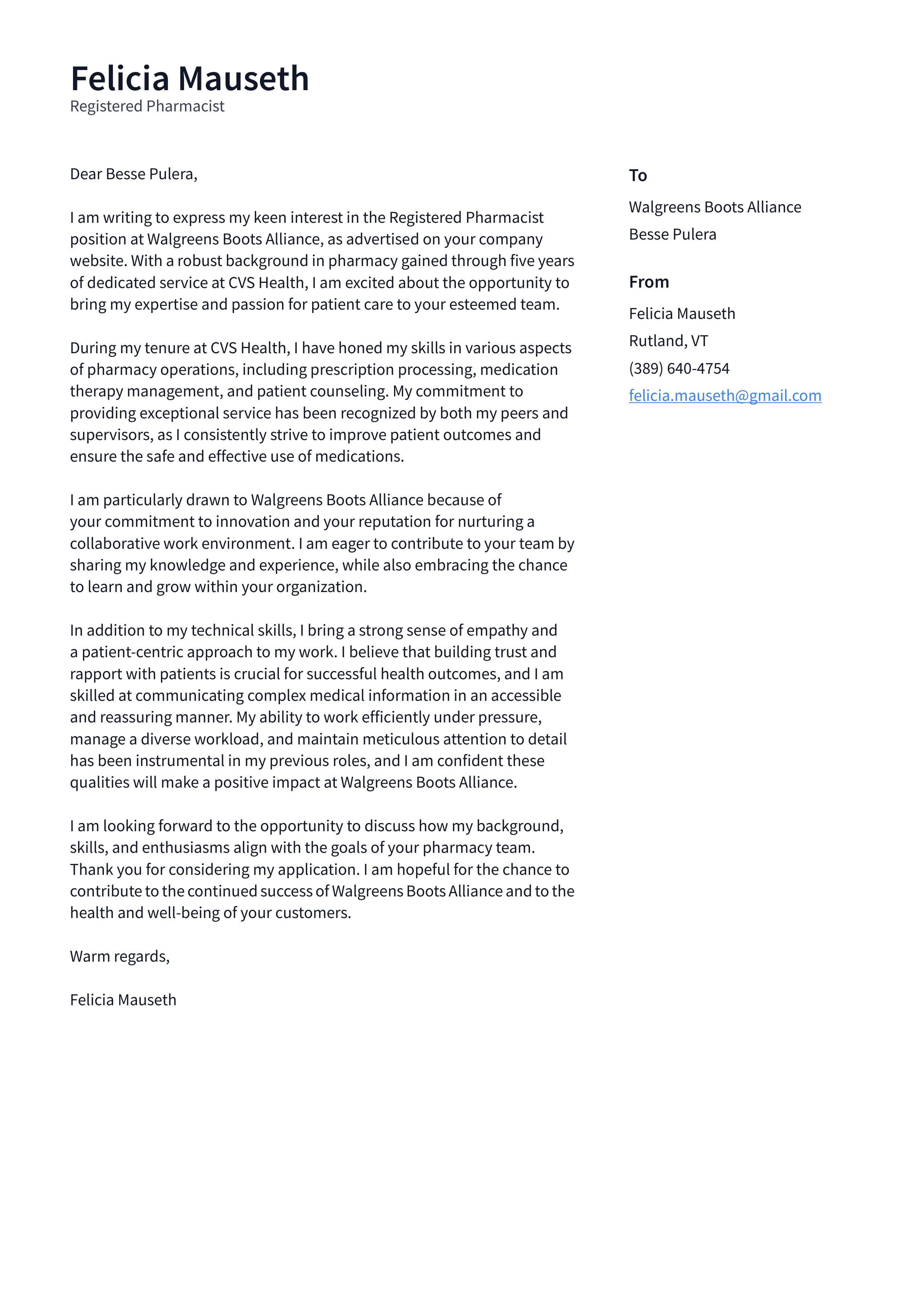 CVS Health Pharmacist Cover Letter — page 1