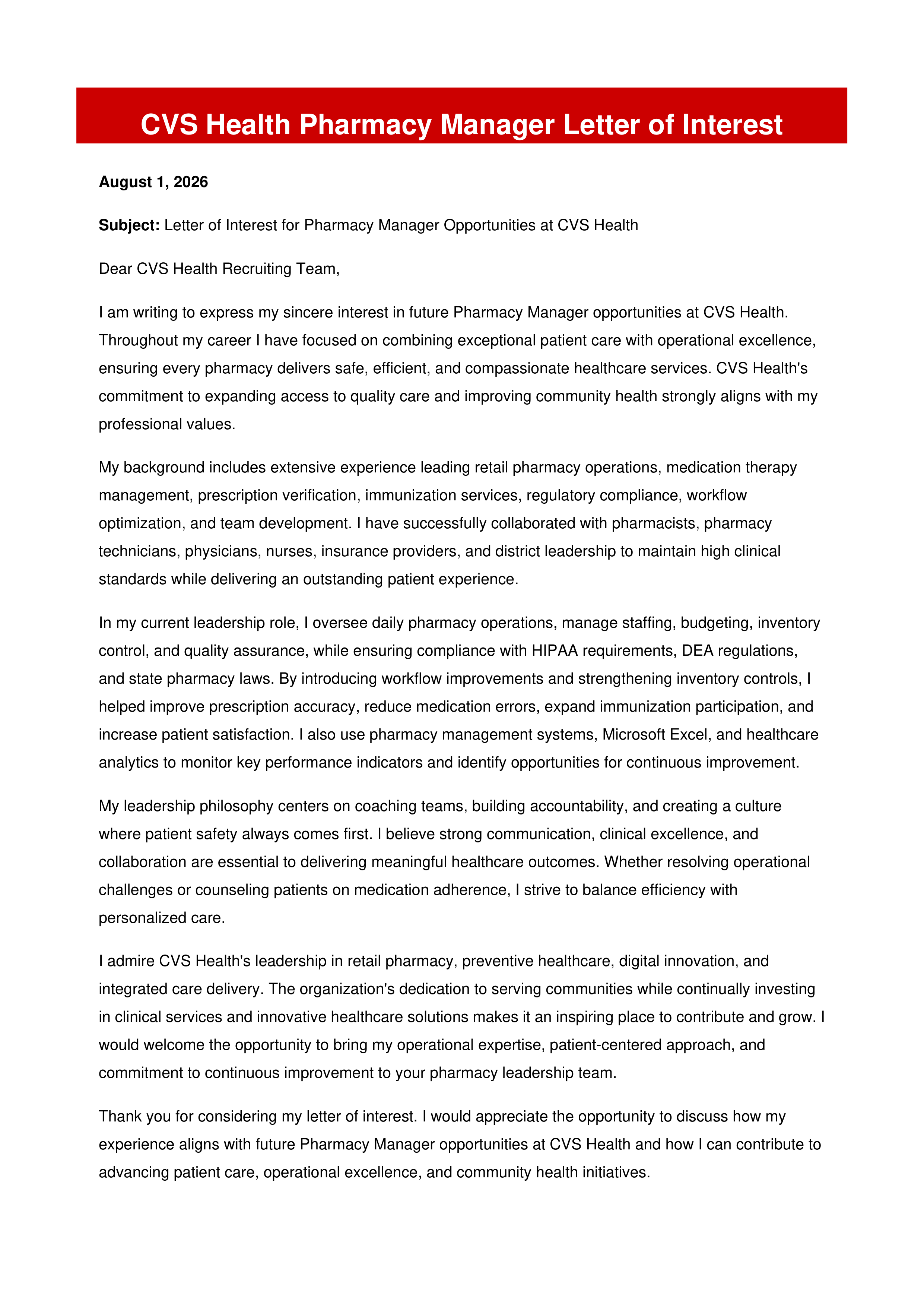 CVS Health Pharmacy Manager Letter of Interest — page 1