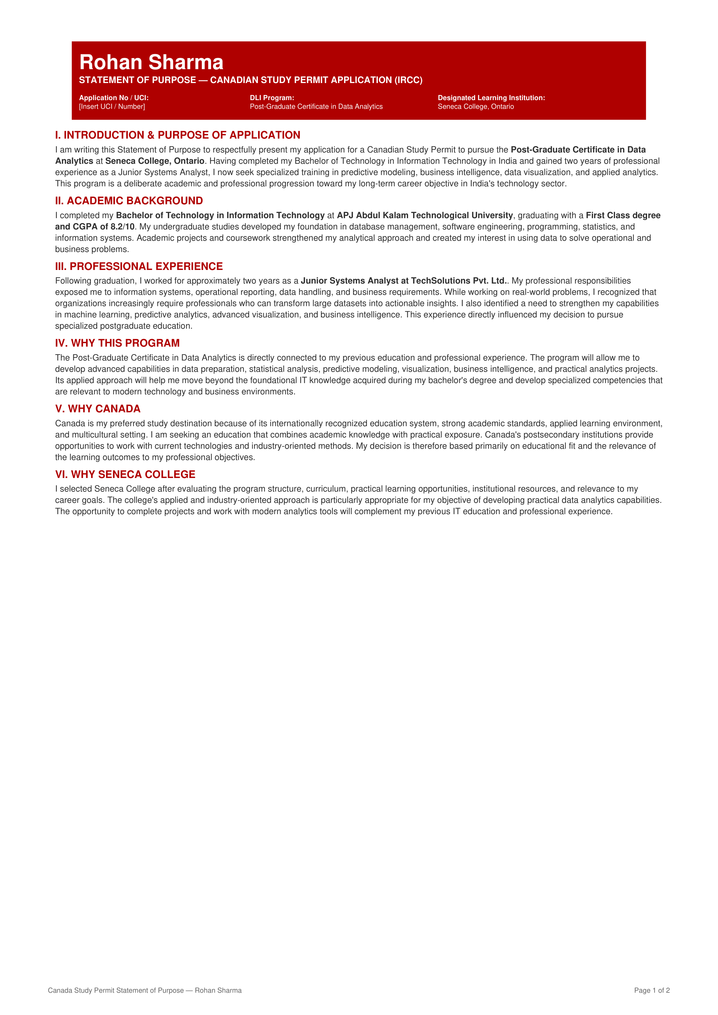 Canada Study Permit Statement of Purpose — page 1