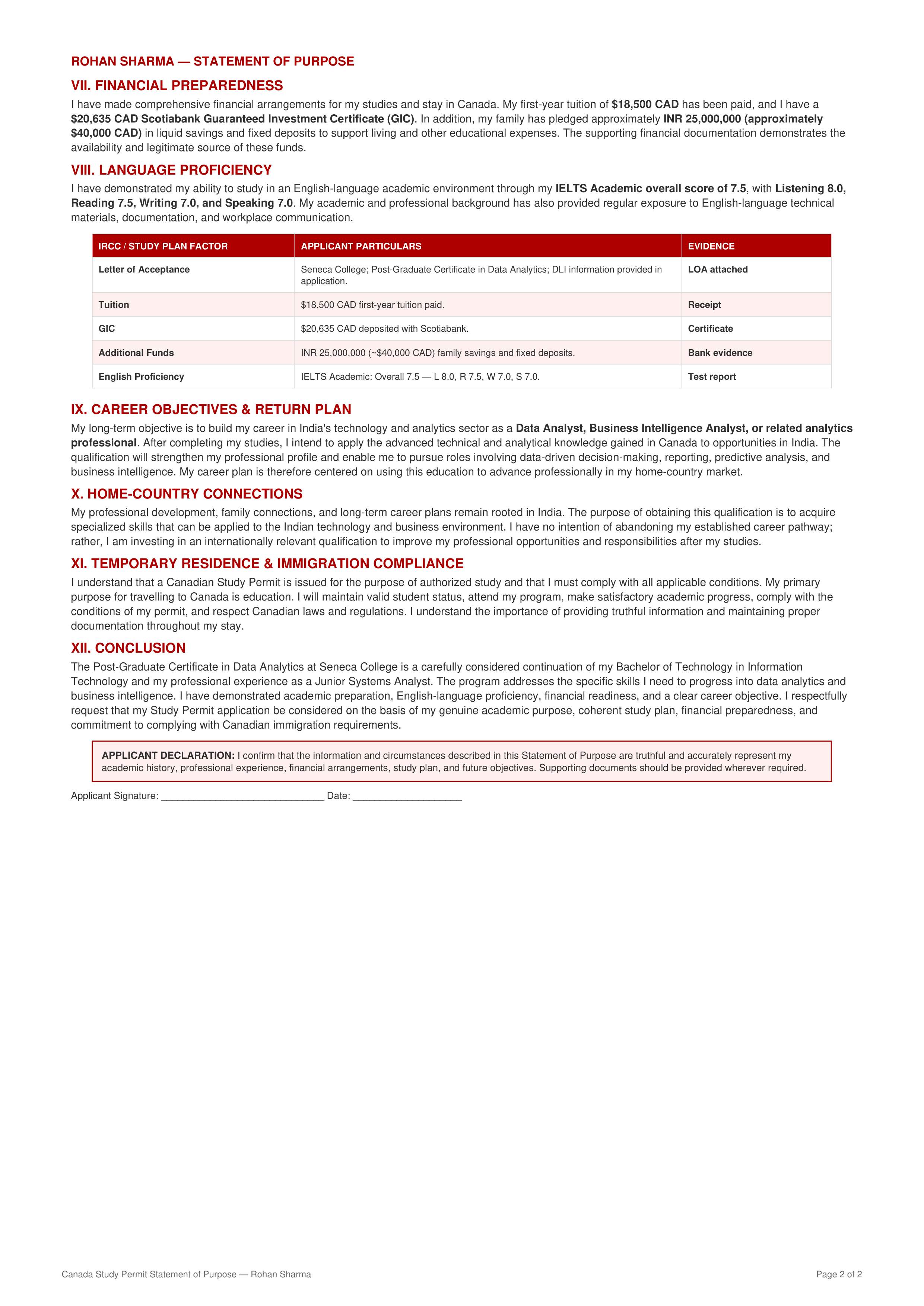 Canada Study Permit Statement of Purpose — page 2