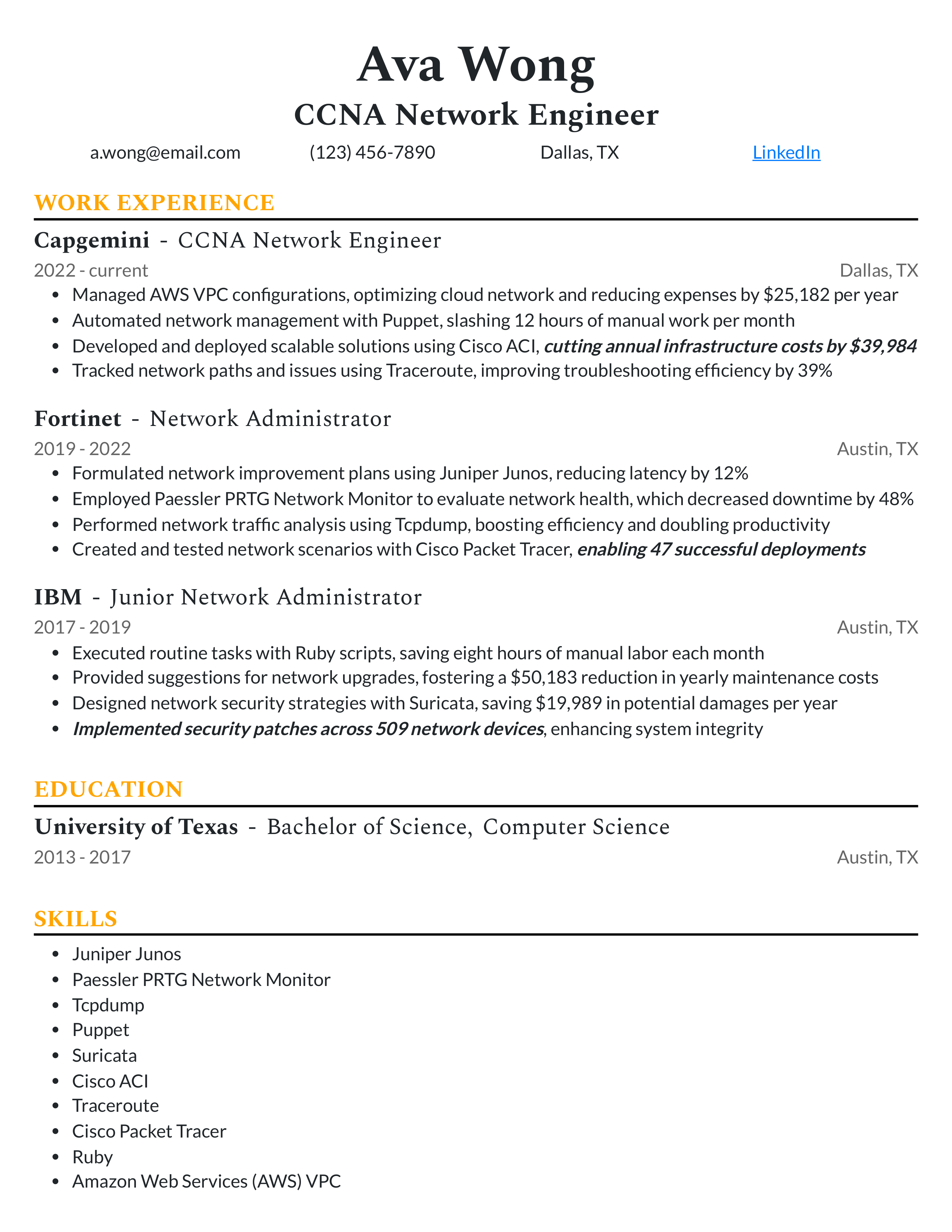 Capgemini Network Engineer Resume — page 1