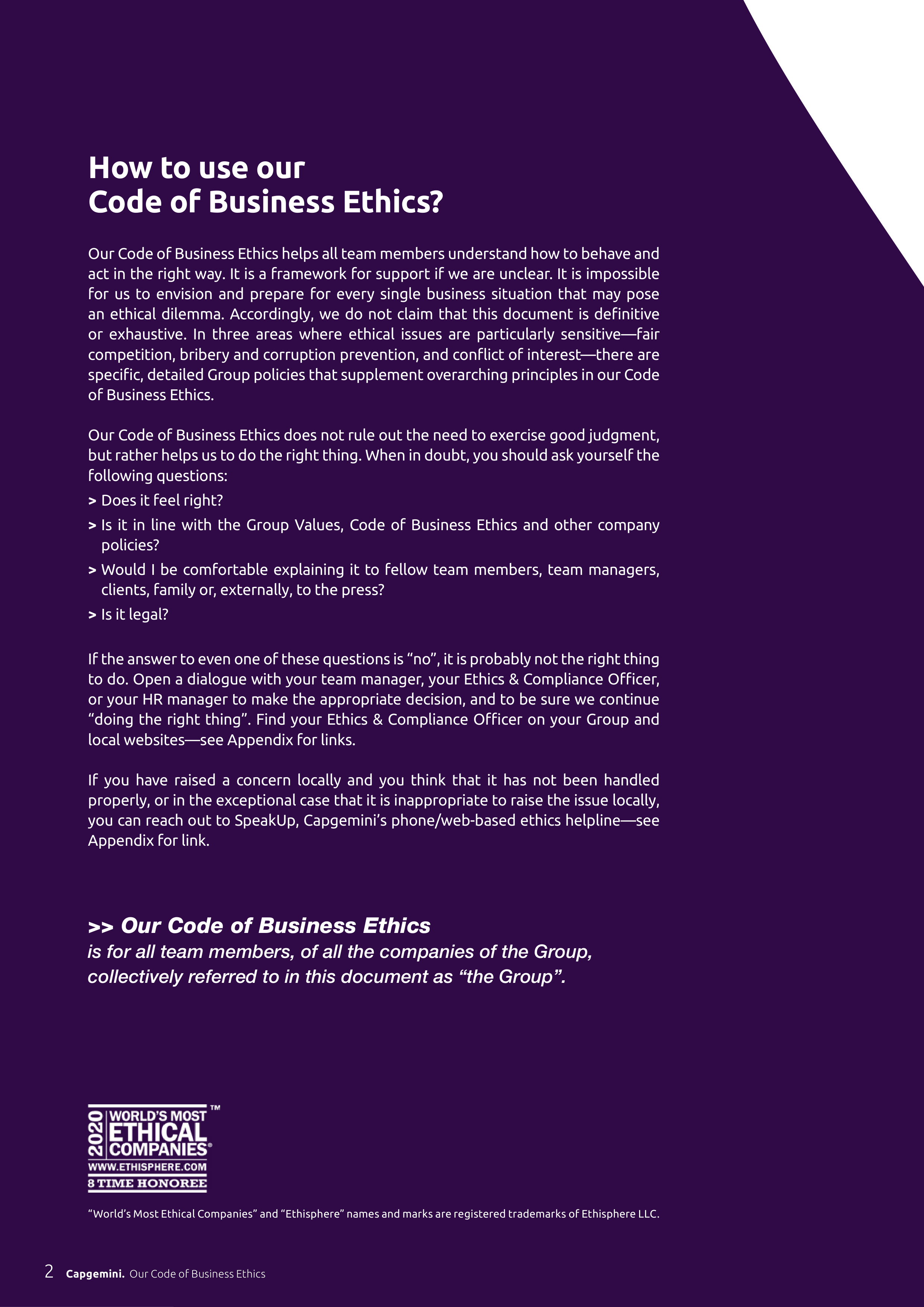 Capgemini Our Code of Business Ethics Handbook — page 2