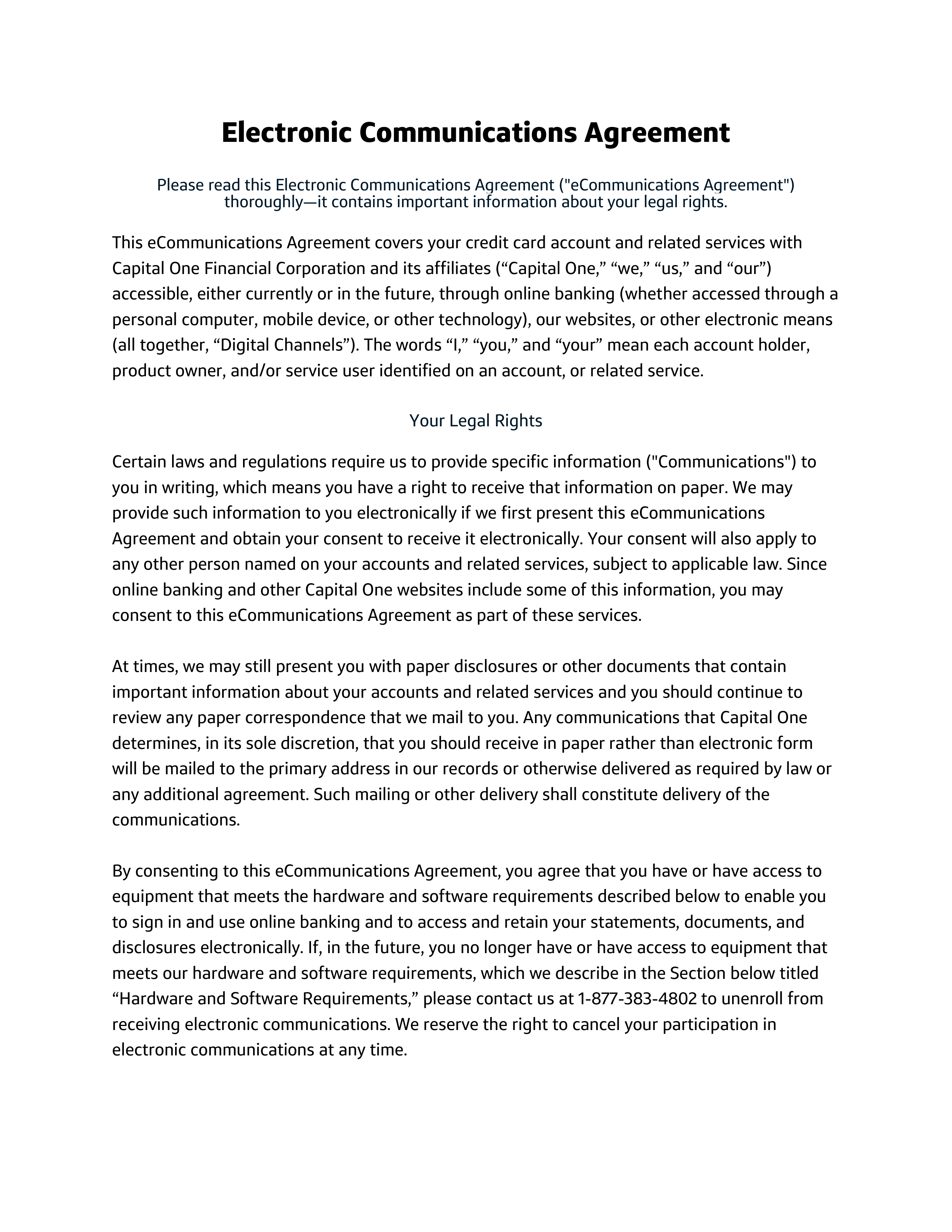 Capital One Electronic Communications Agreement — page 1