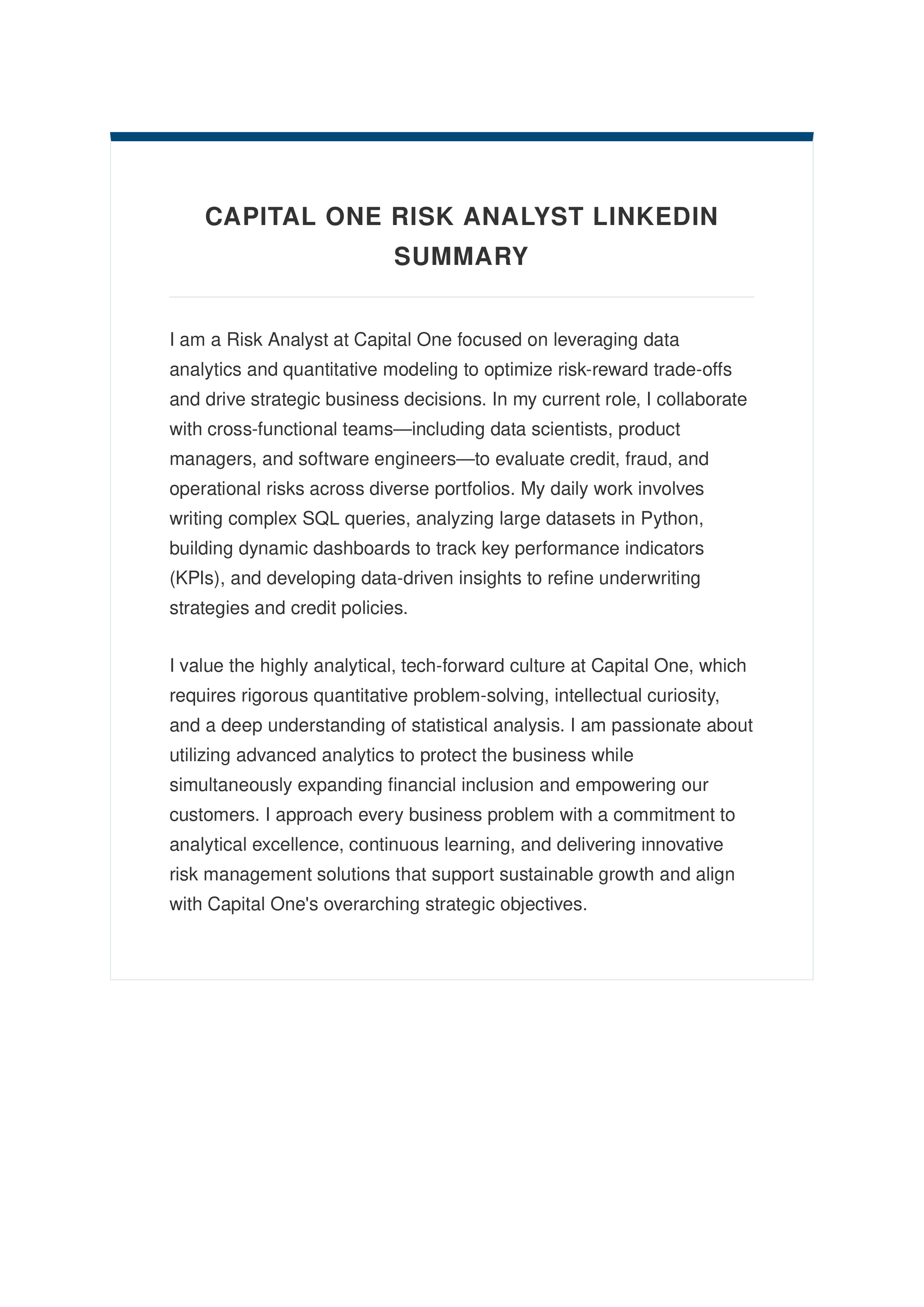 Capital One Risk Analyst LinkedIn Summary — page 1