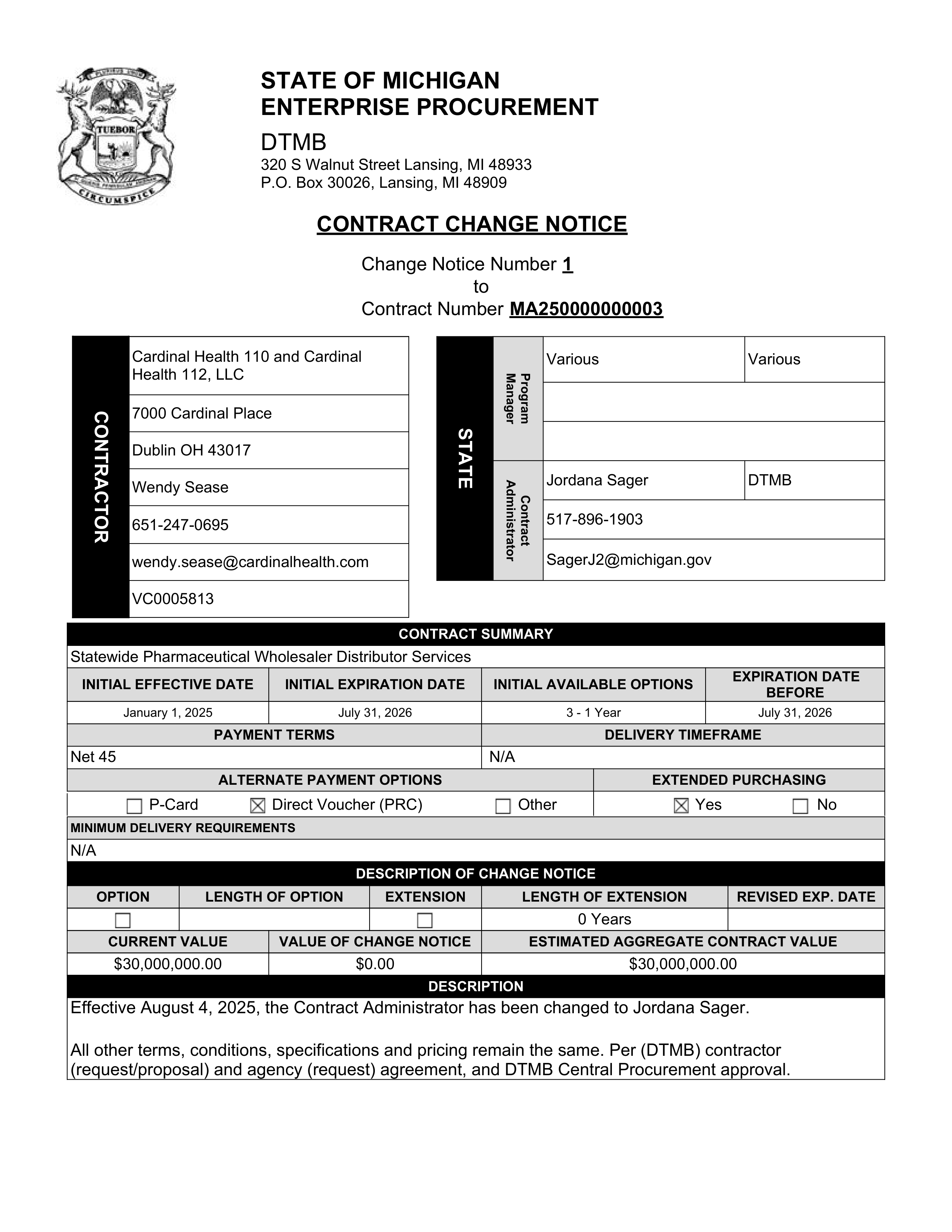 Cardinal Health Contract Change — page 1