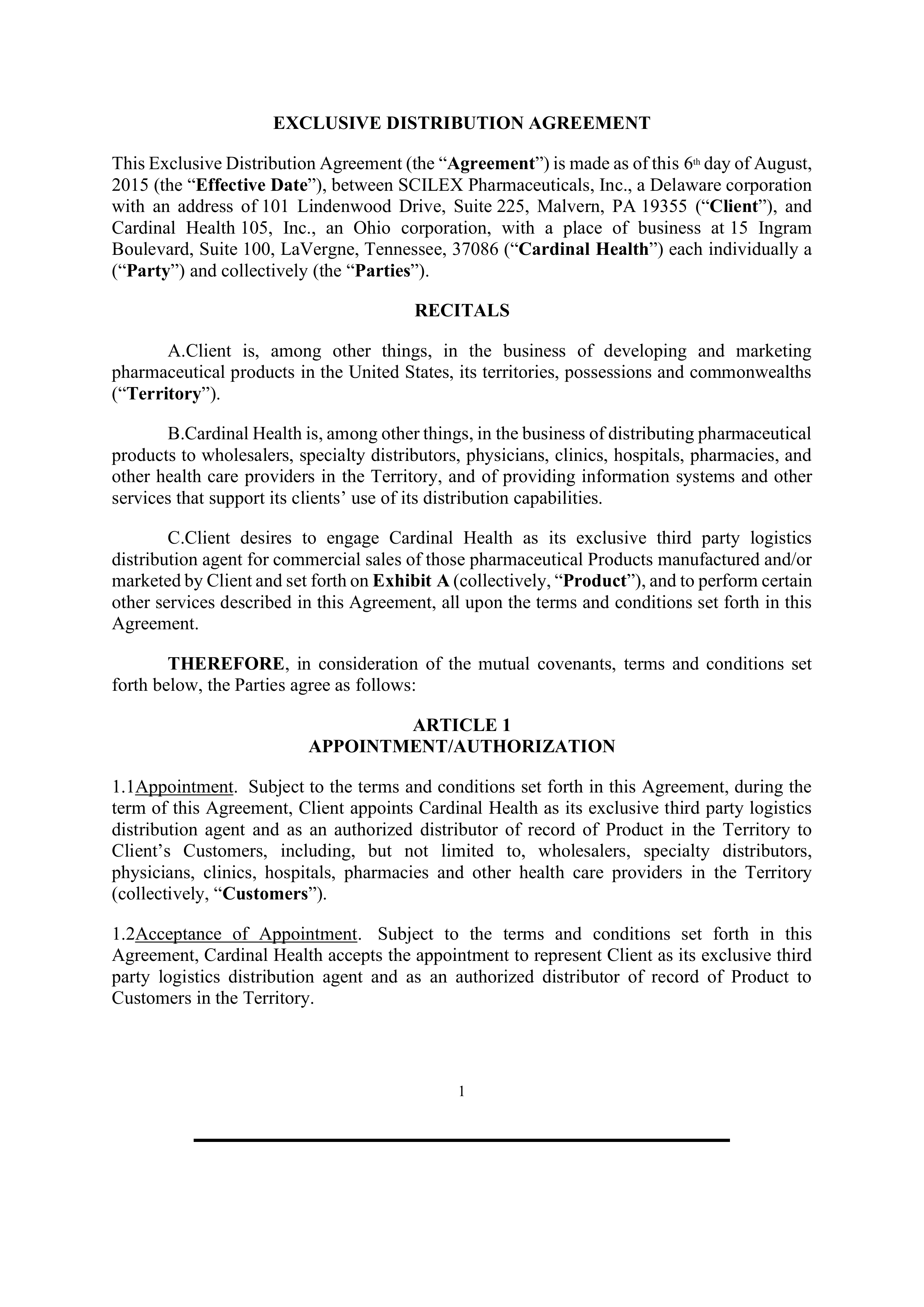 Cardinal Health Exclusive Distribution Agreement — page 1