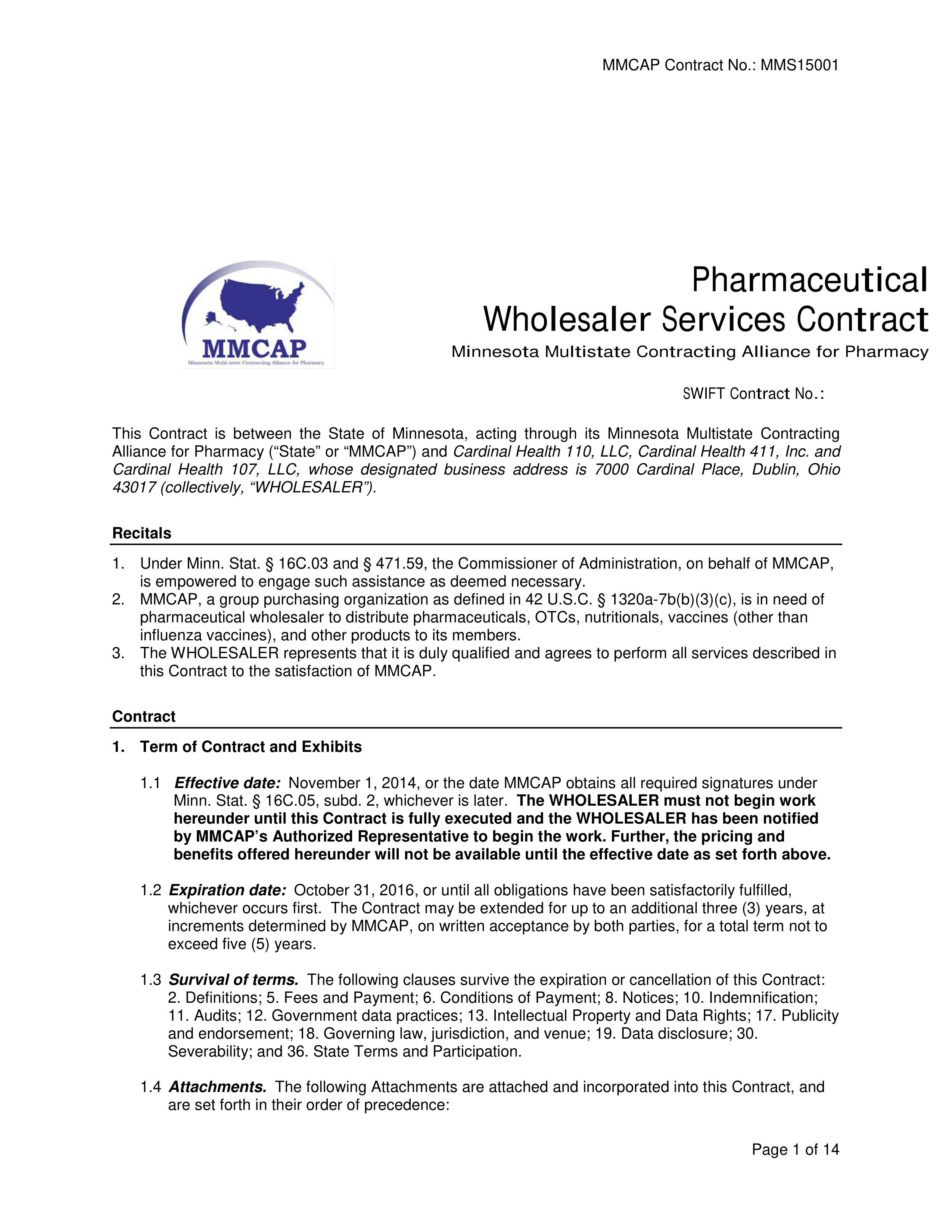 Cardinal Health Pharmaceutical Wholesaler Services Contract — page 1