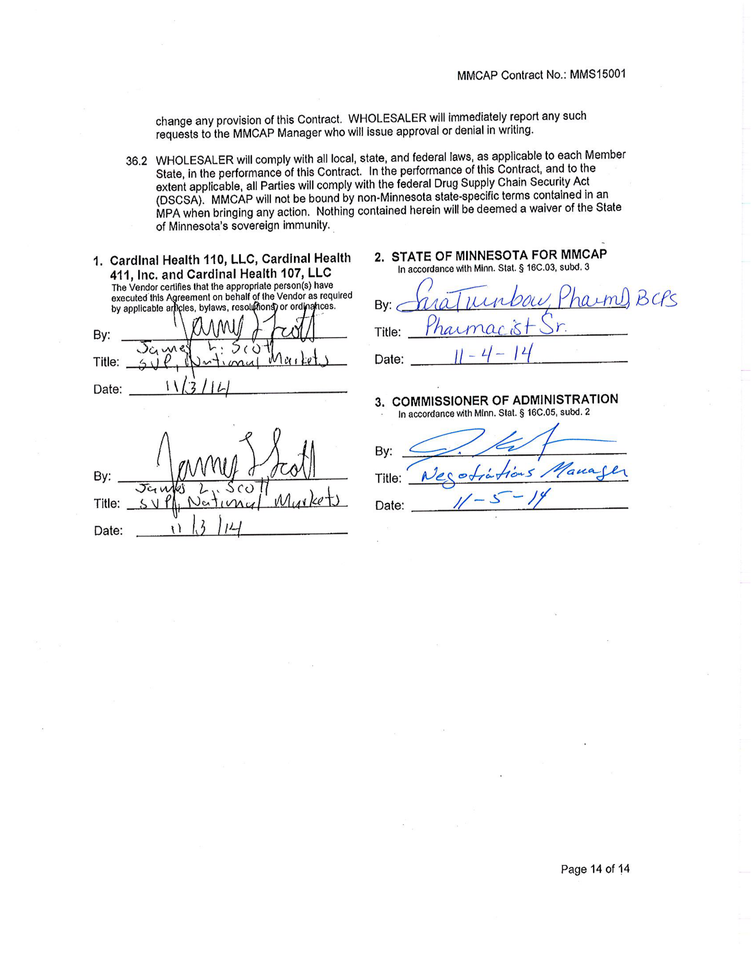 Cardinal Health Pharmaceutical Wholesaler Services Contract — page 14