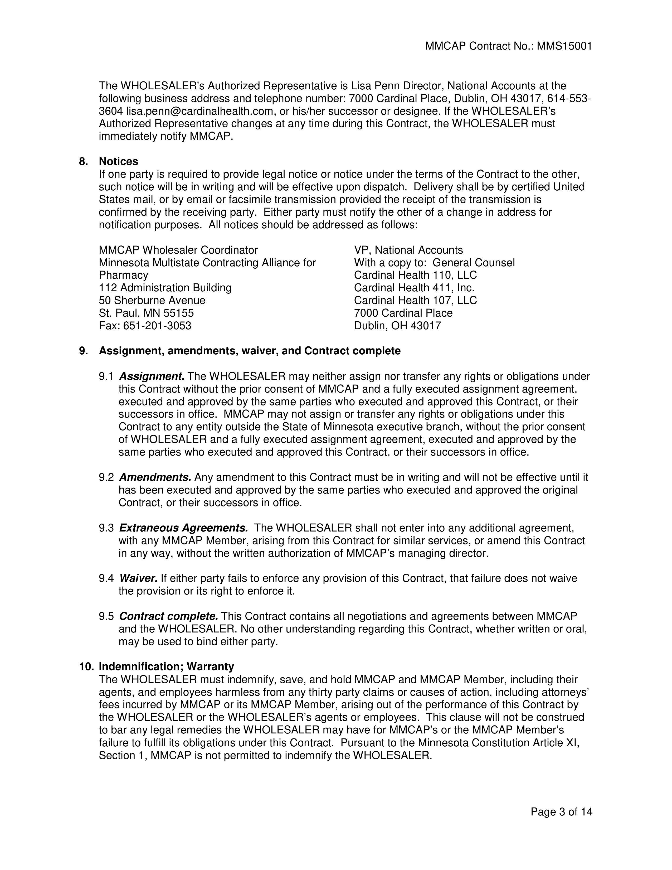 Cardinal Health Pharmaceutical Wholesaler Services Contract — page 3