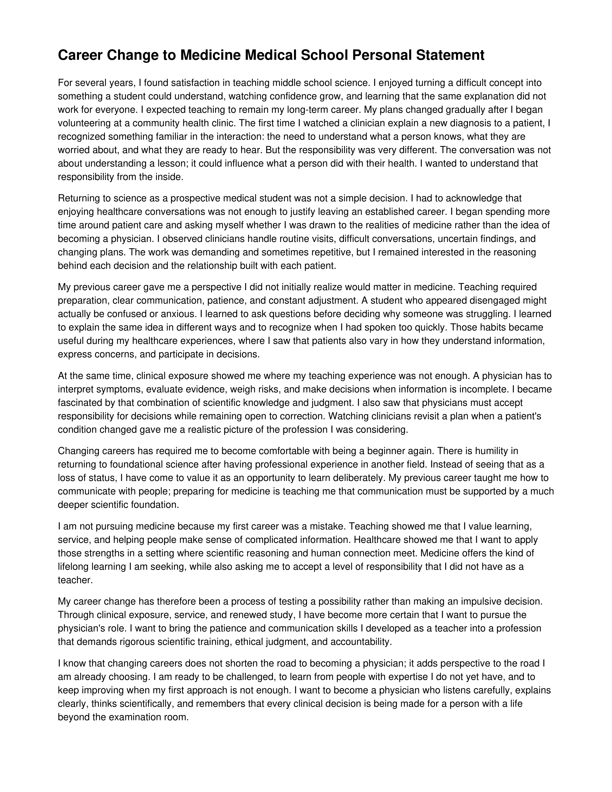 Career Change to Medicine Medical School Personal Statement — page 1
