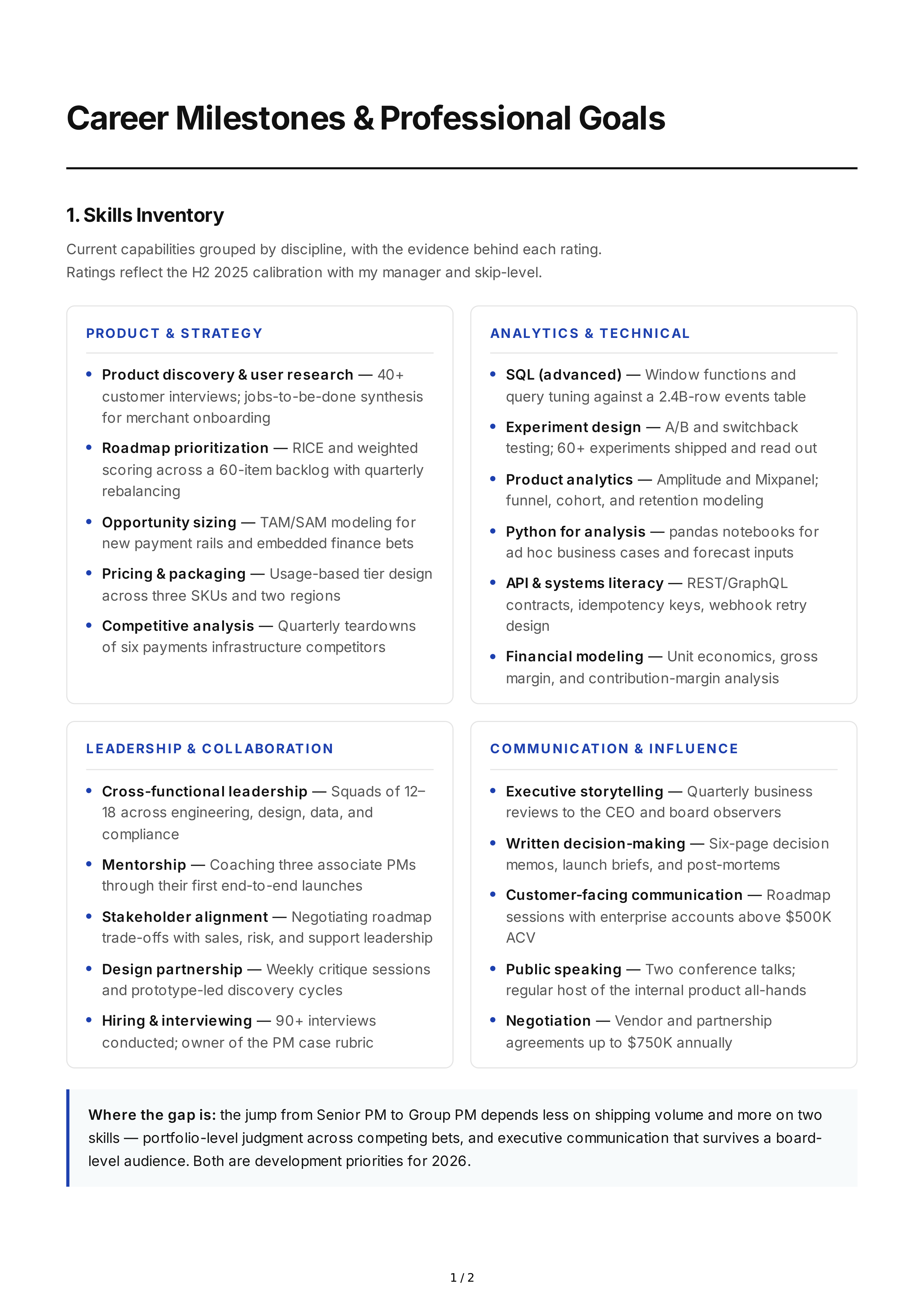 Career Milestone Professional Goals — page 1