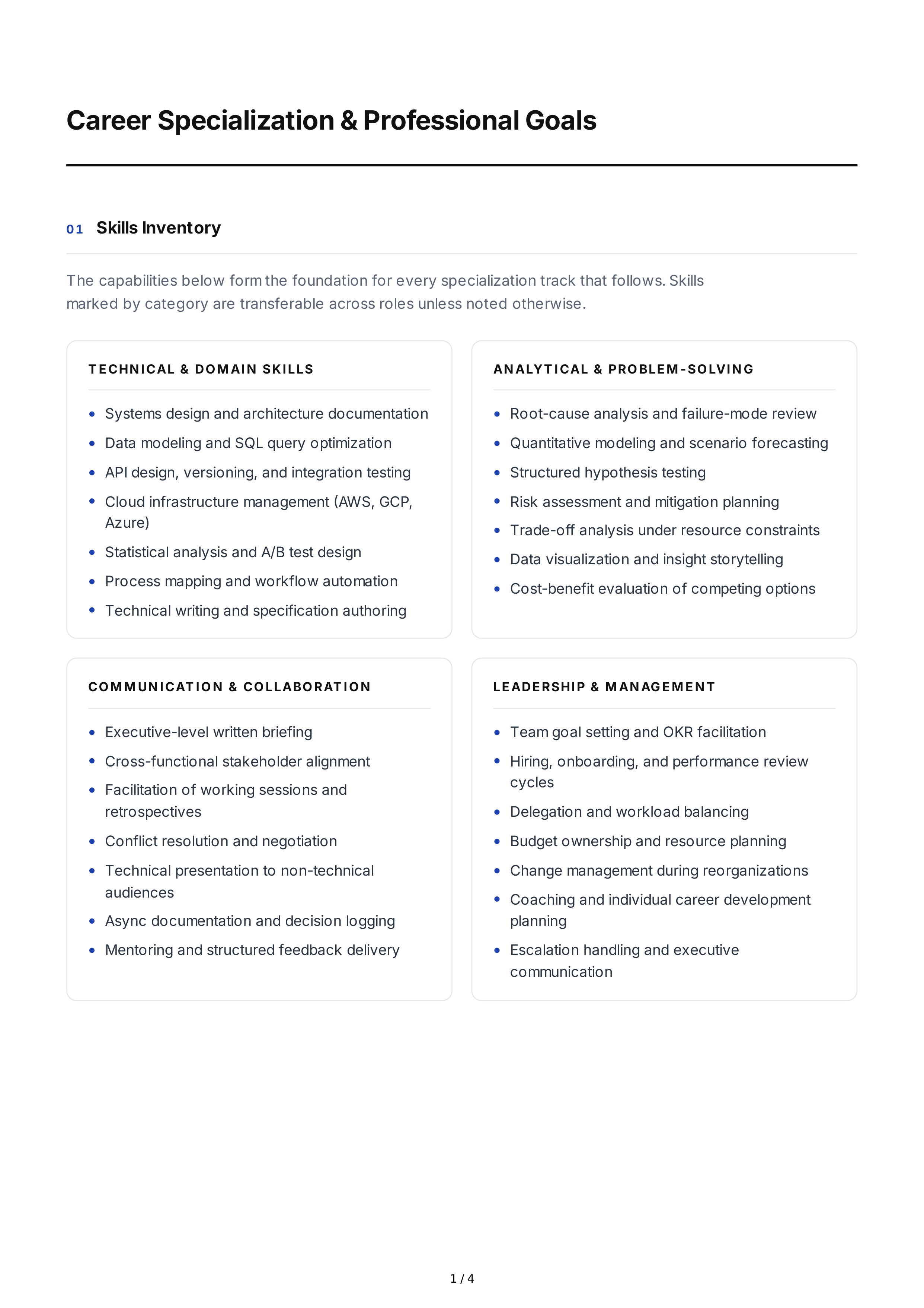 Career Specialization Professional Goals — page 1