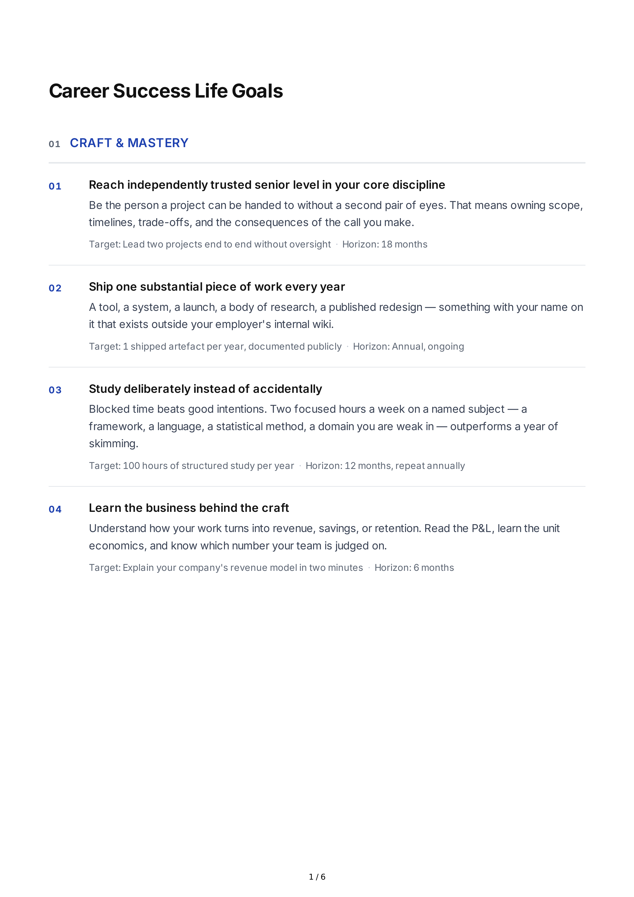 Career Success Life Goals — page 1