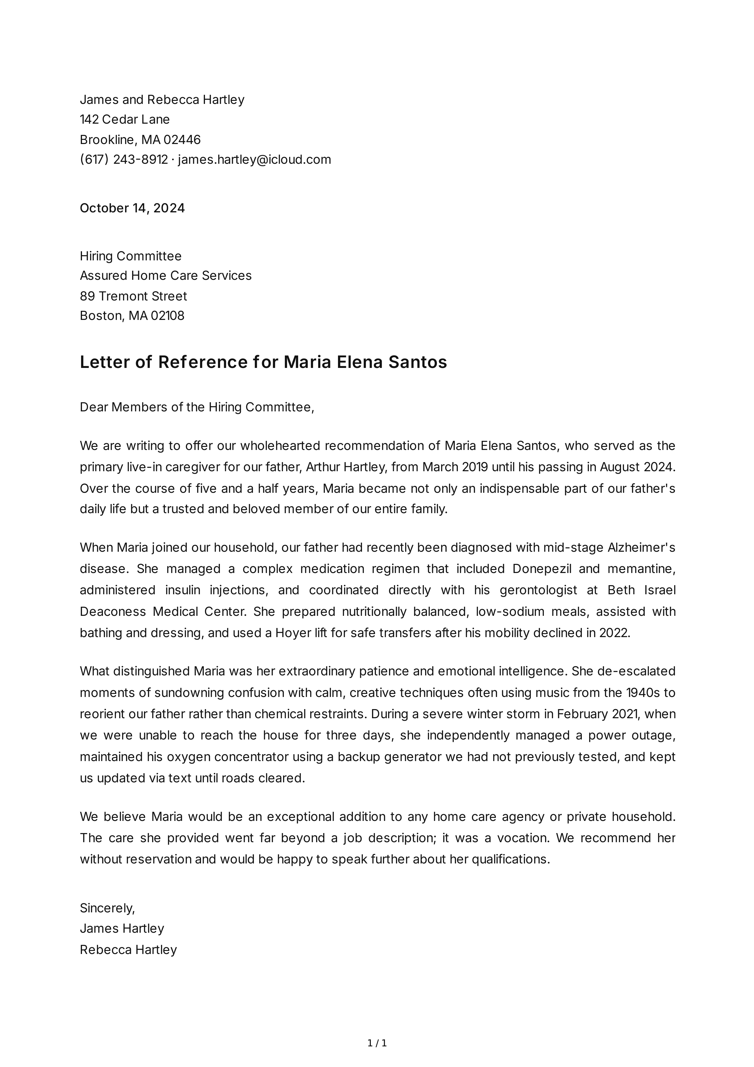 Caregiver Reference Letter — page 1