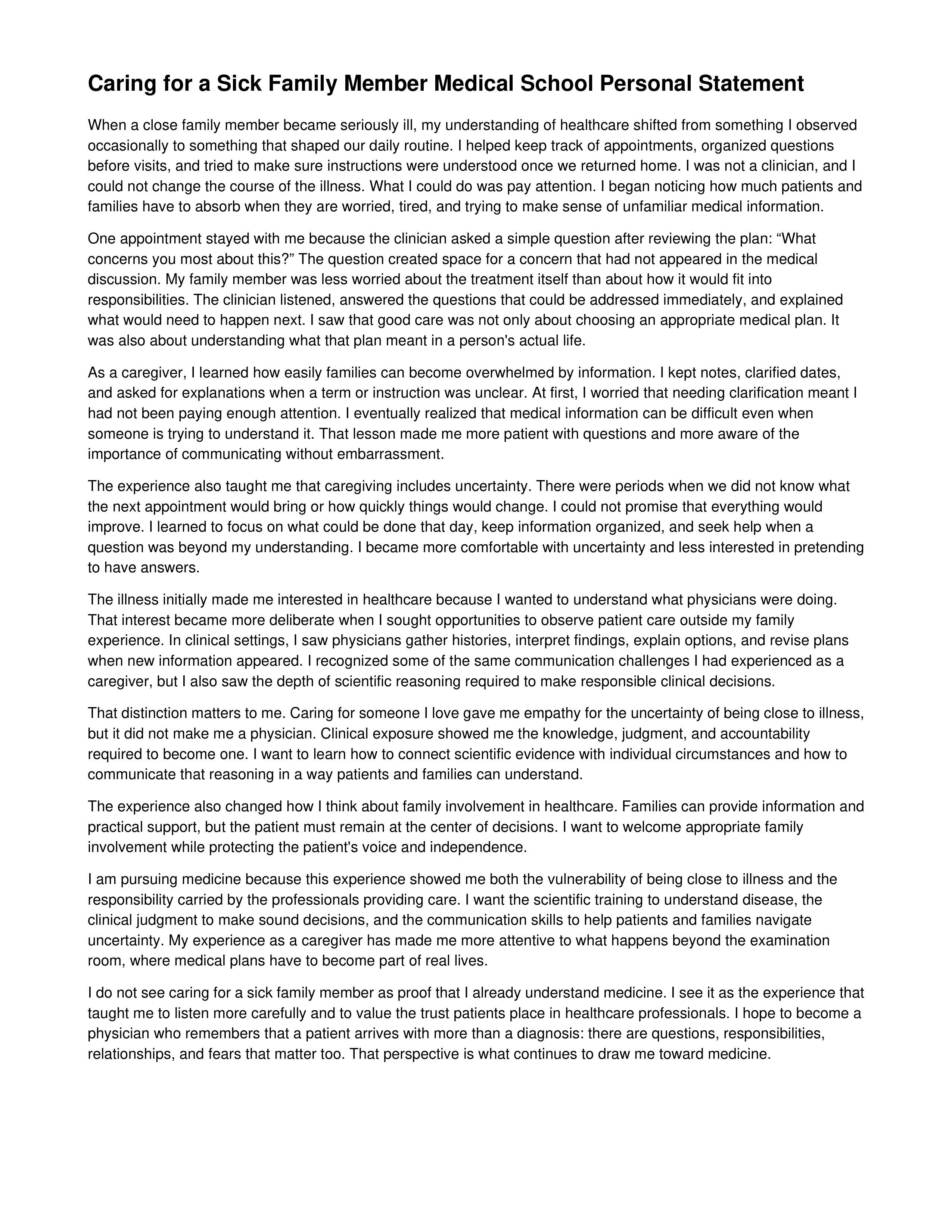Caring for a Sick Family Member Medical School Personal Statement — page 1