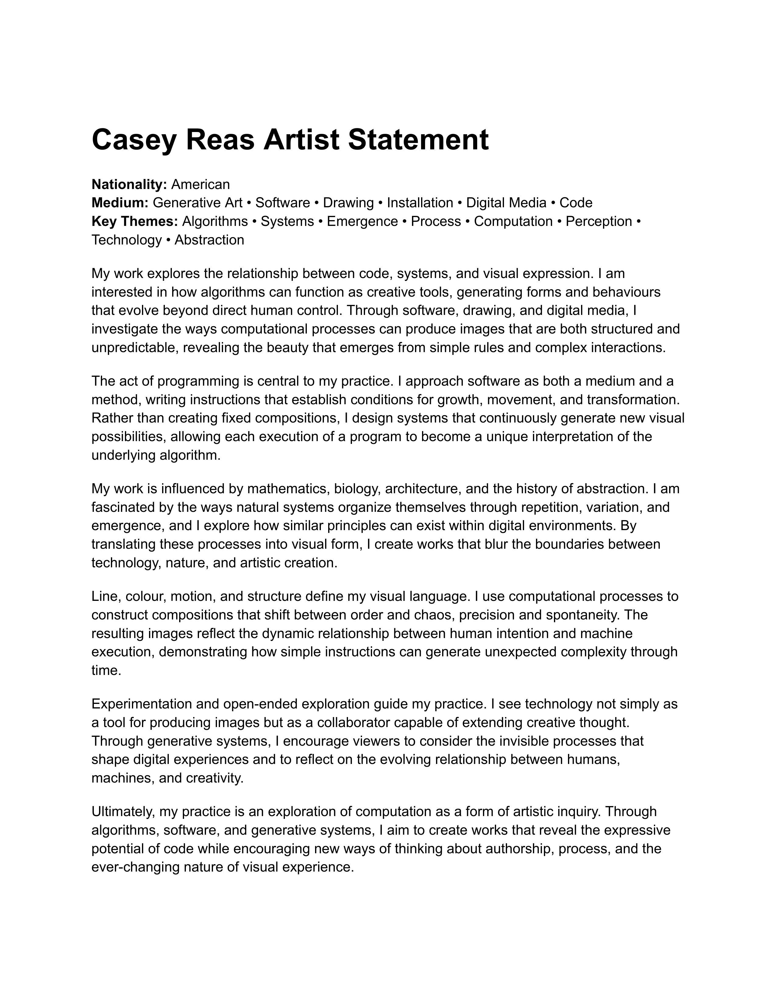 Casey Reas Artist Statement — page 1