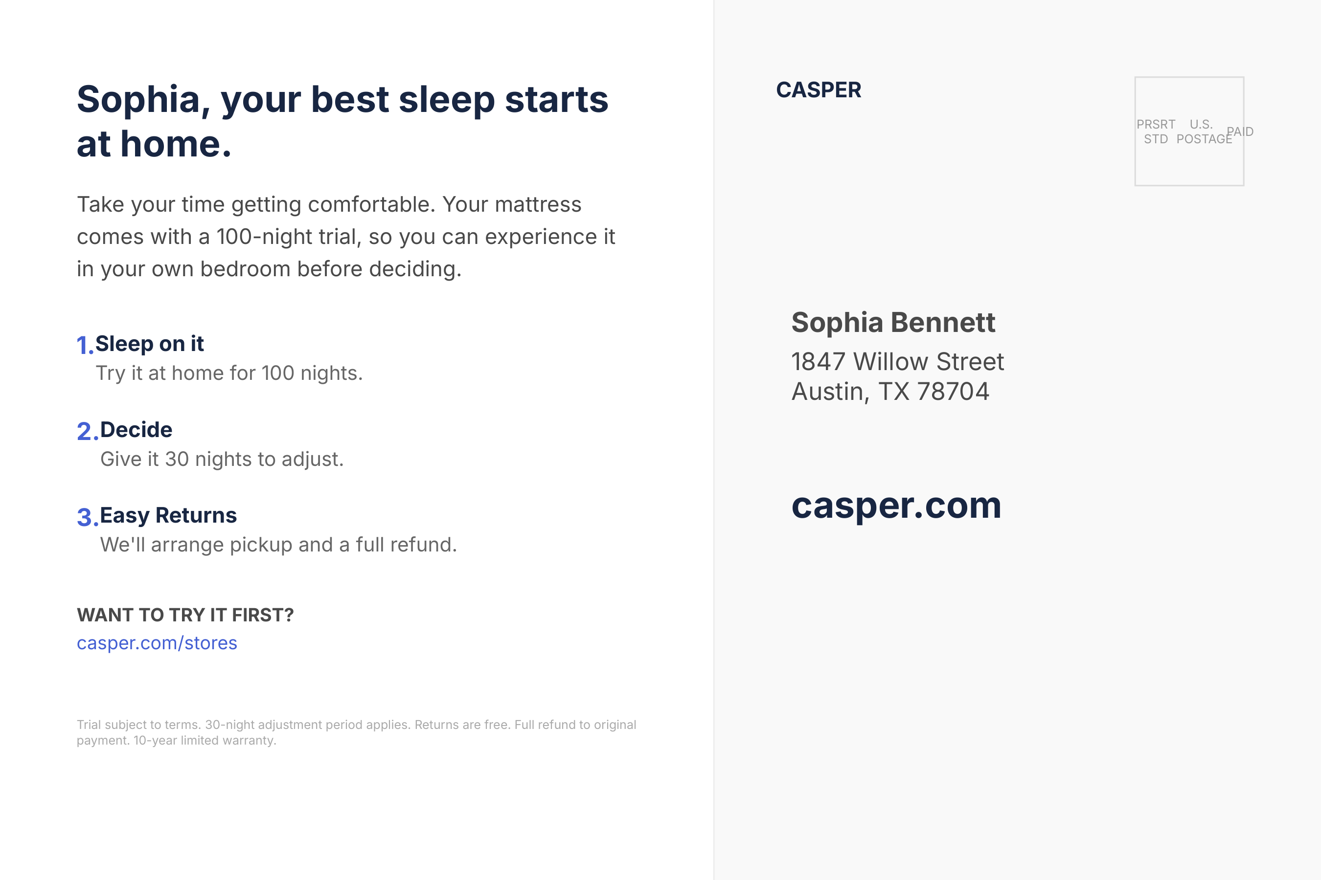 Casper 100-Night Risk-Free Trial Incentivized Acquisition Postcard — page 2