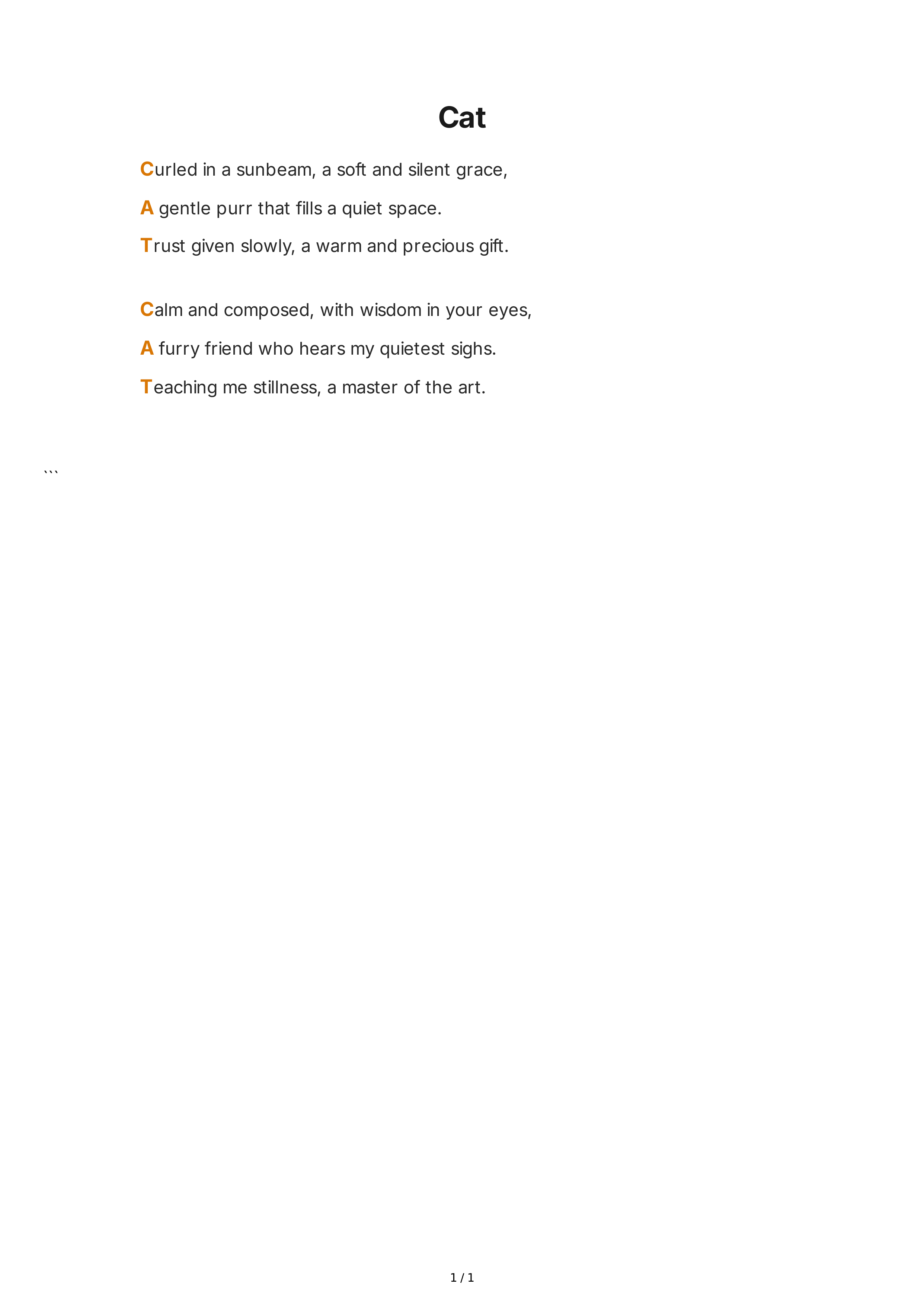 Cat Acrostic Poem — page 1