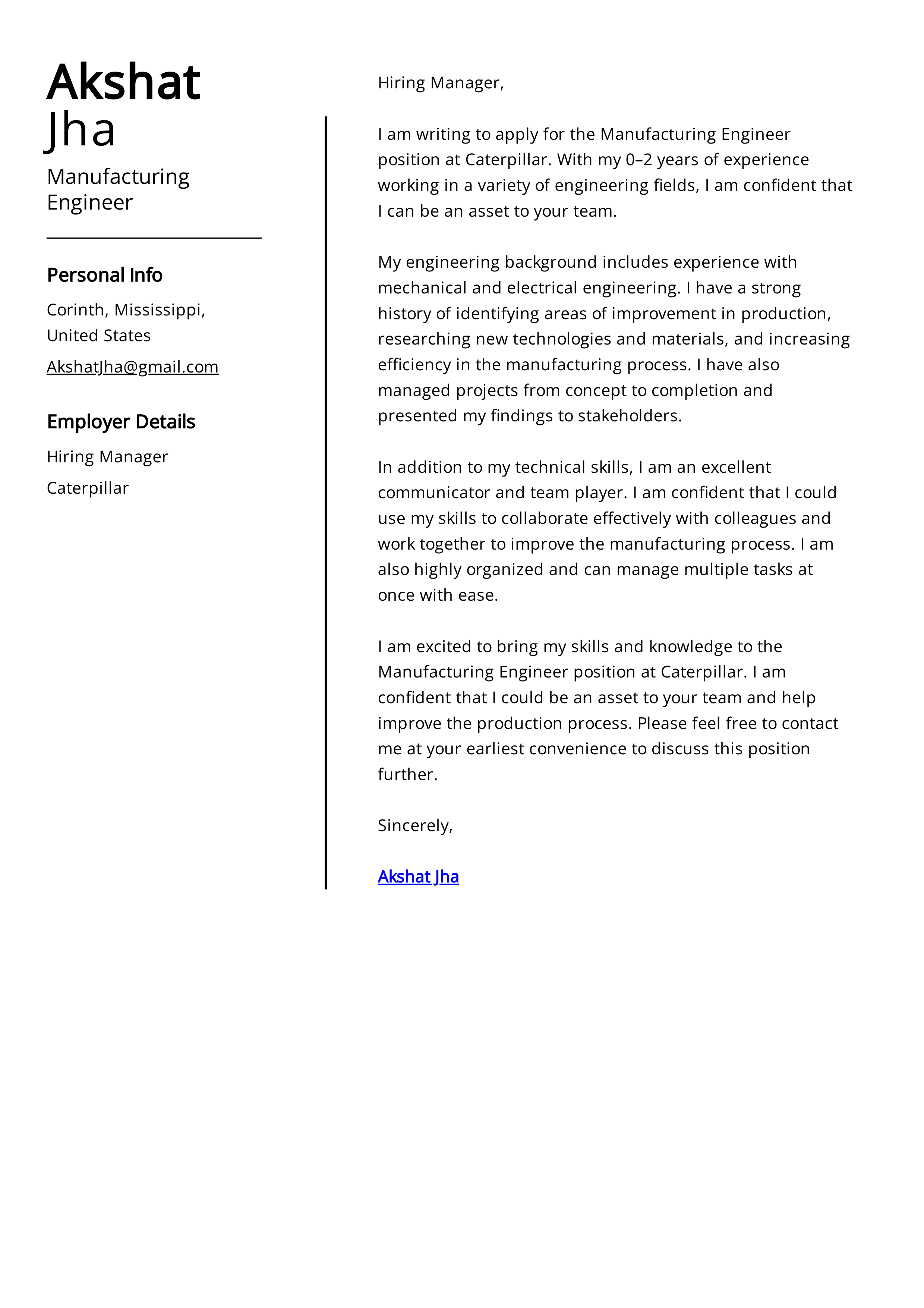Caterpillar Manufacturing Engineer Cover Letter — page 1