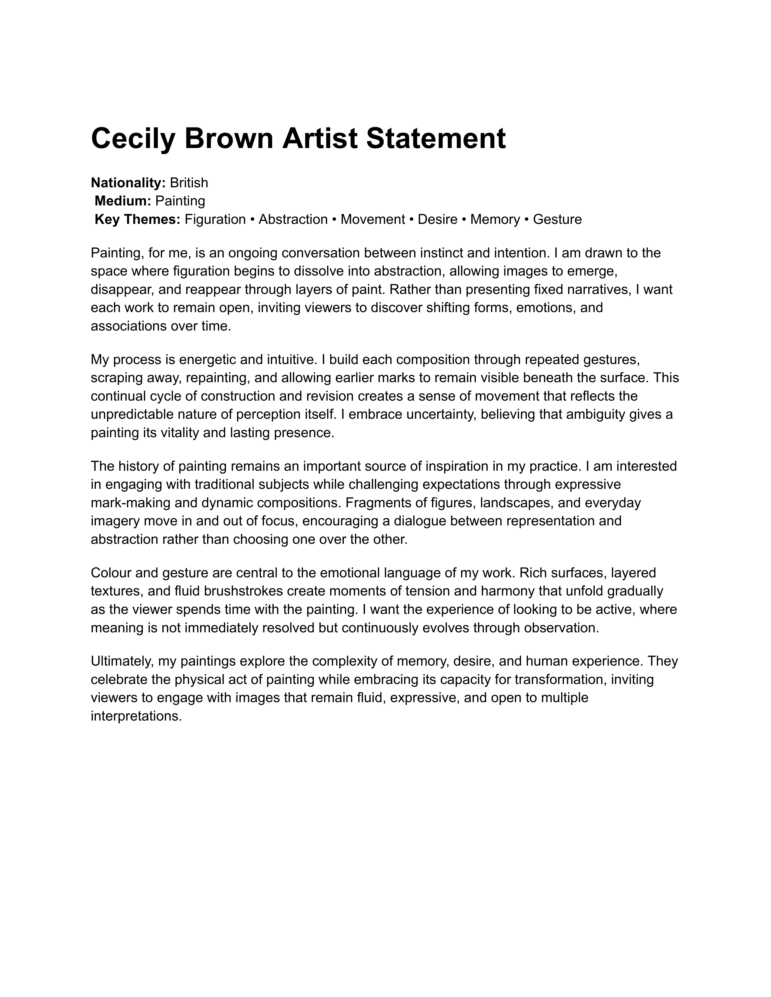 Cecily Brown Artist Statement — page 1