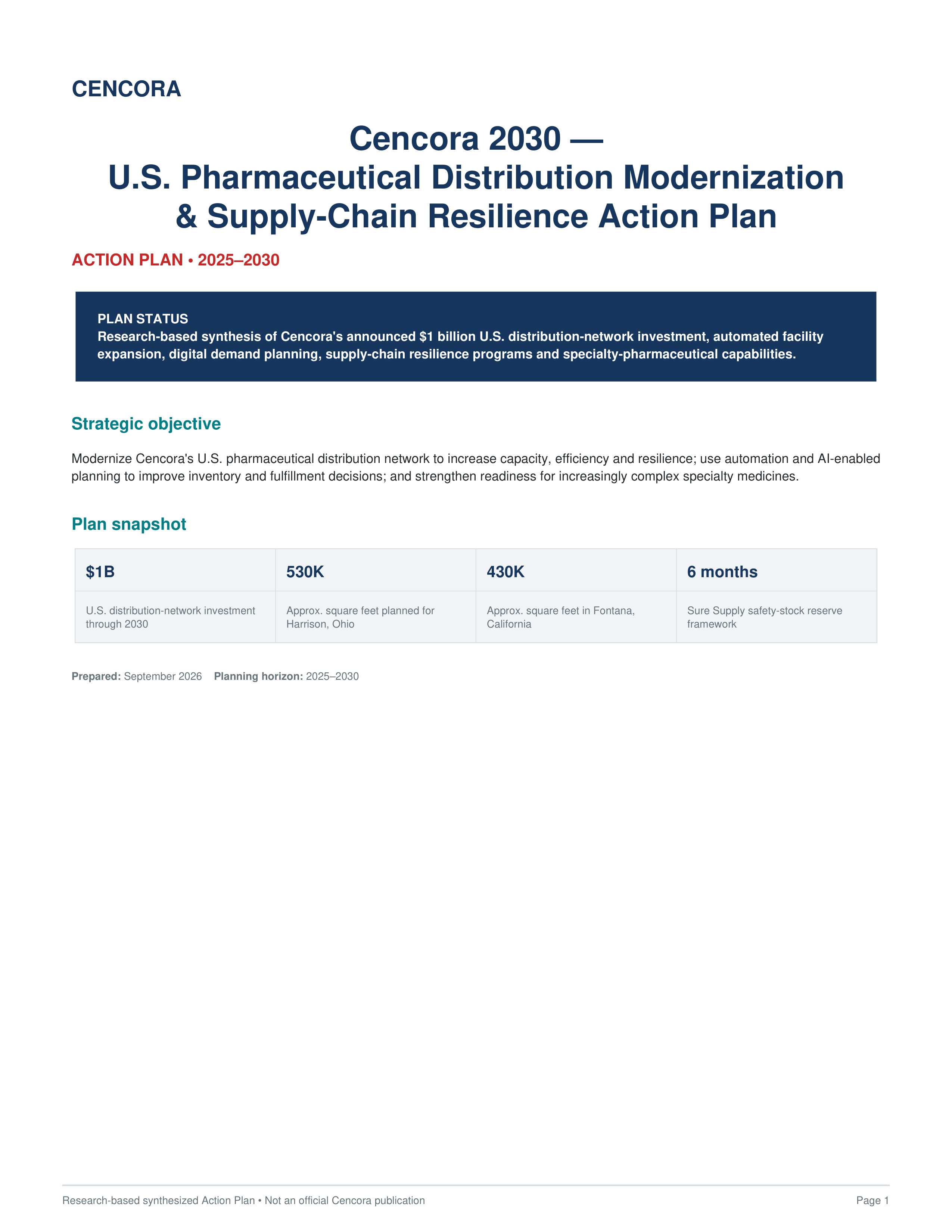 Cencora U.S. Pharmaceutical Logistics & Network Transformation Action Plan — page 1