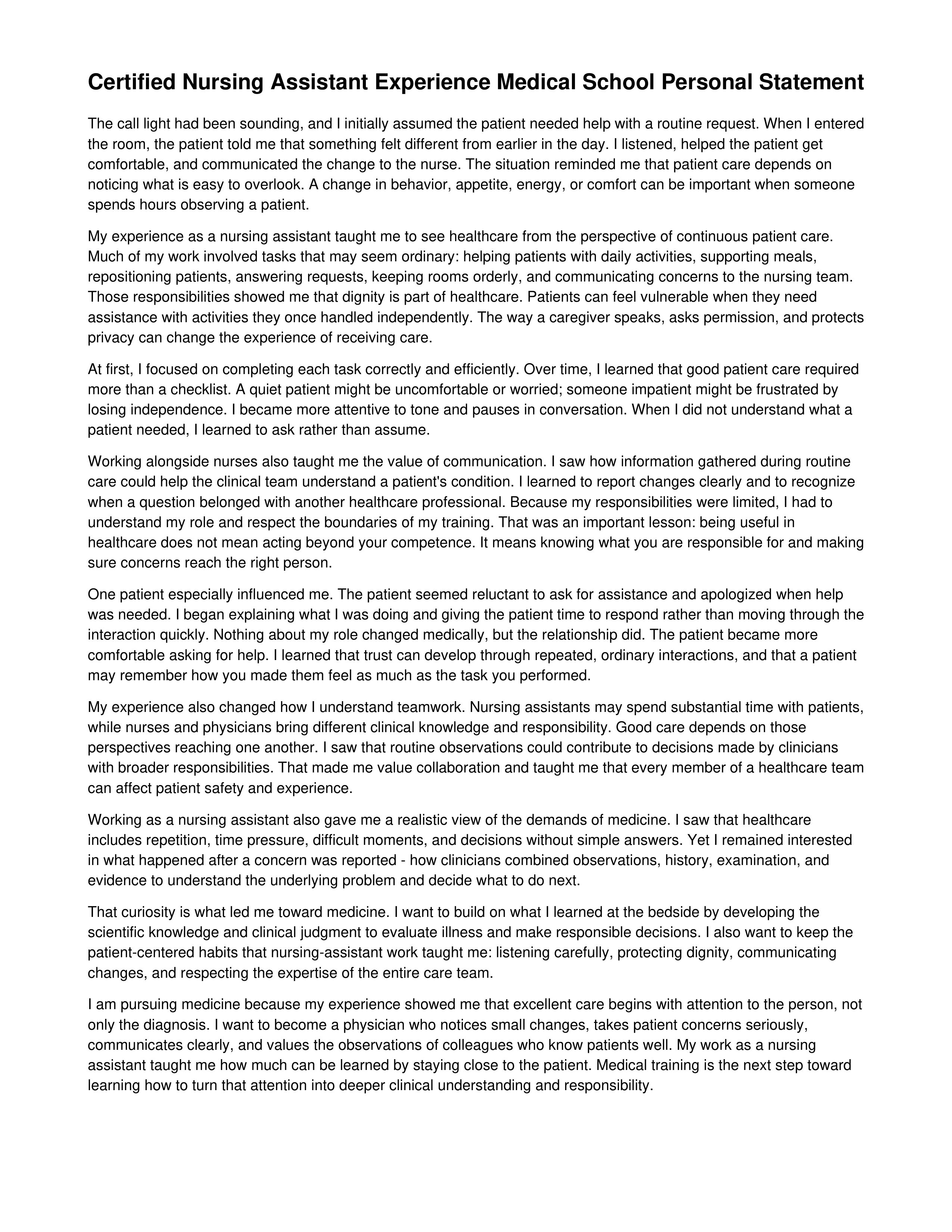 Certified Nursing Assistant Experience Medical School Personal Statement — page 1
