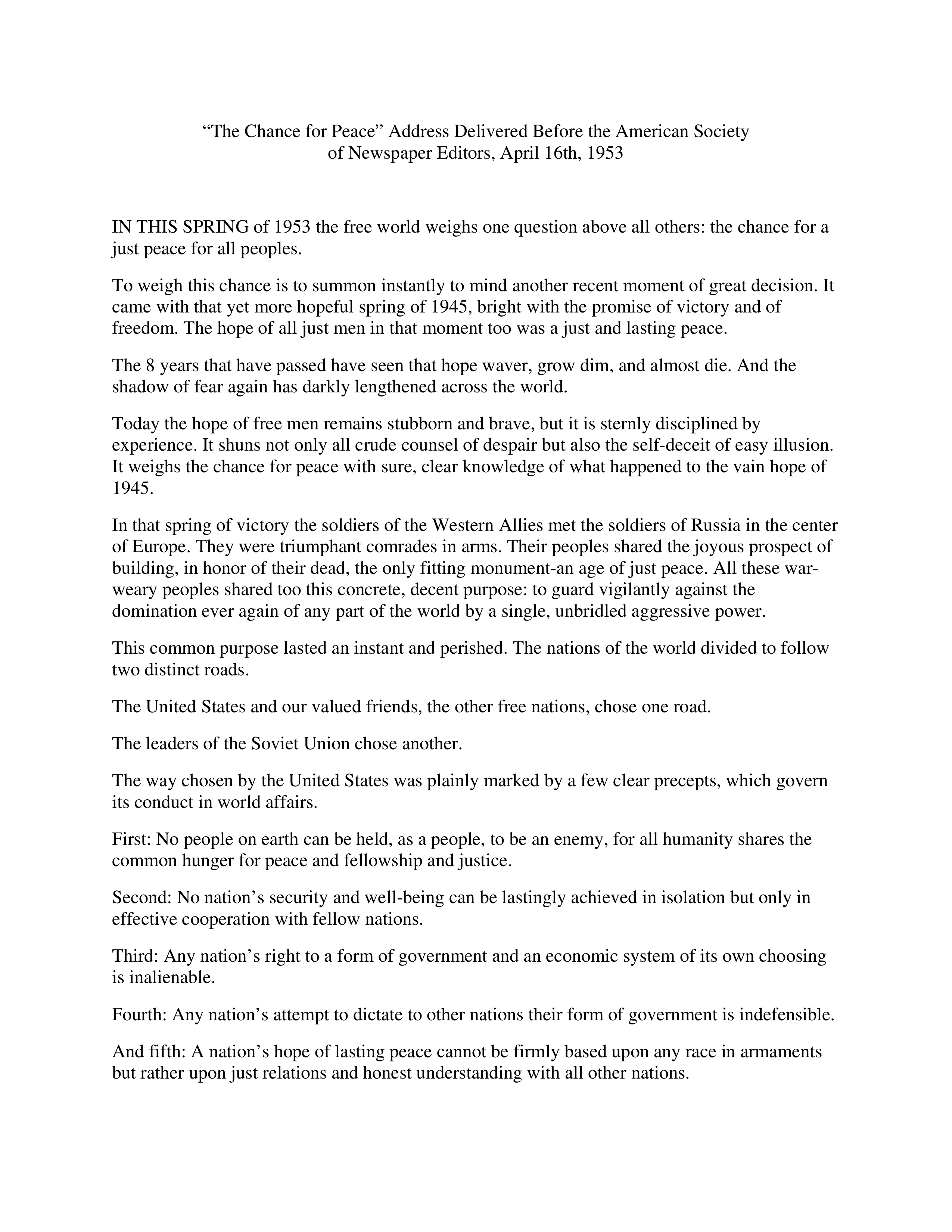 Chance for Peace Persuasive Speech — page 1