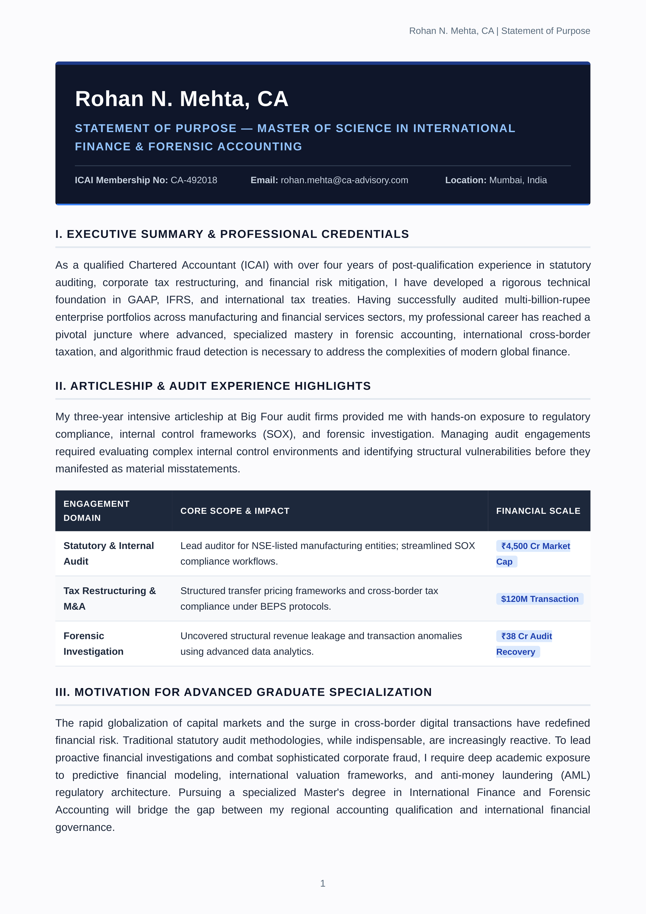 Chartered Accountant Statement of Purpose — page 1