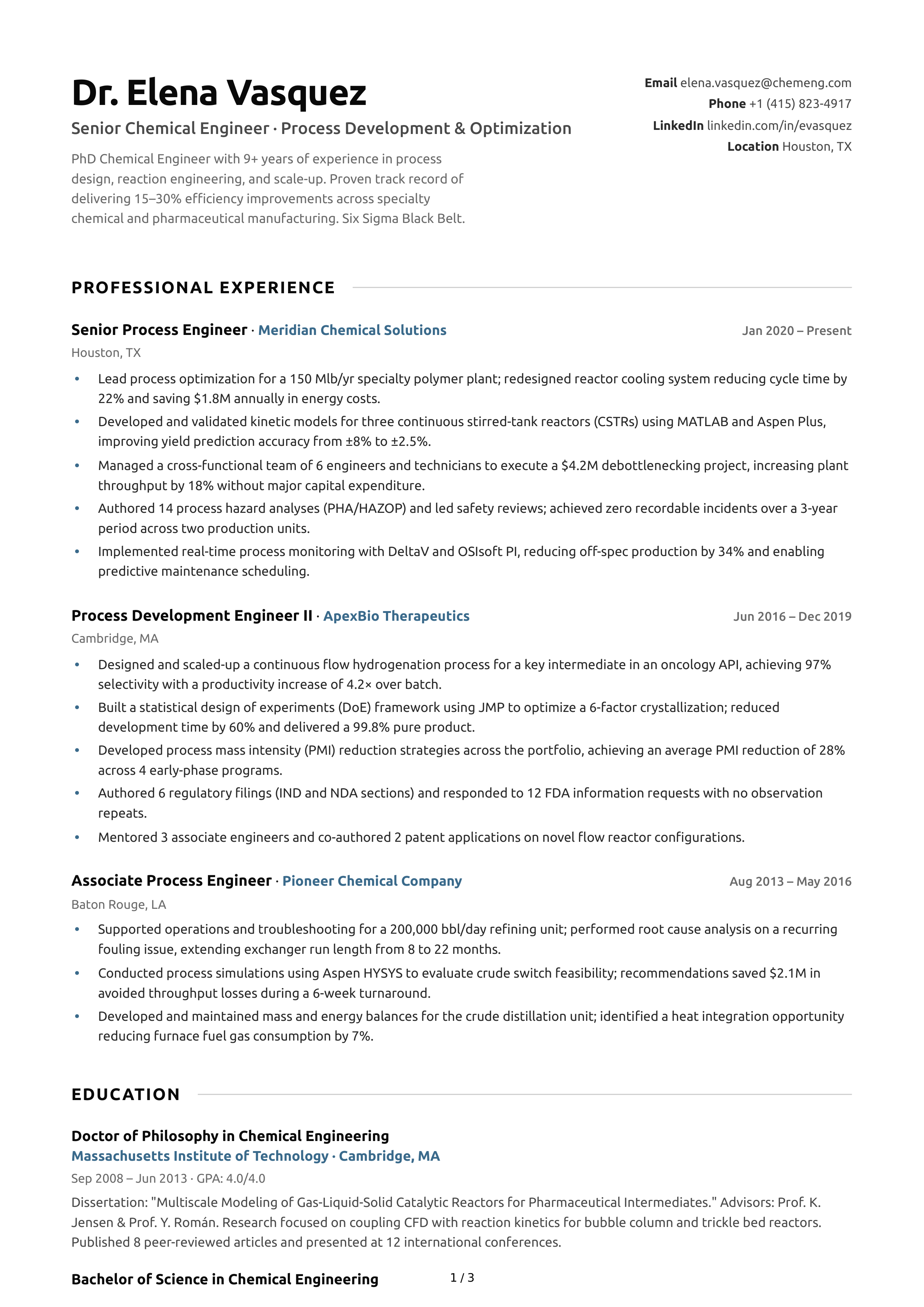 Chemical Engineer CV — page 1