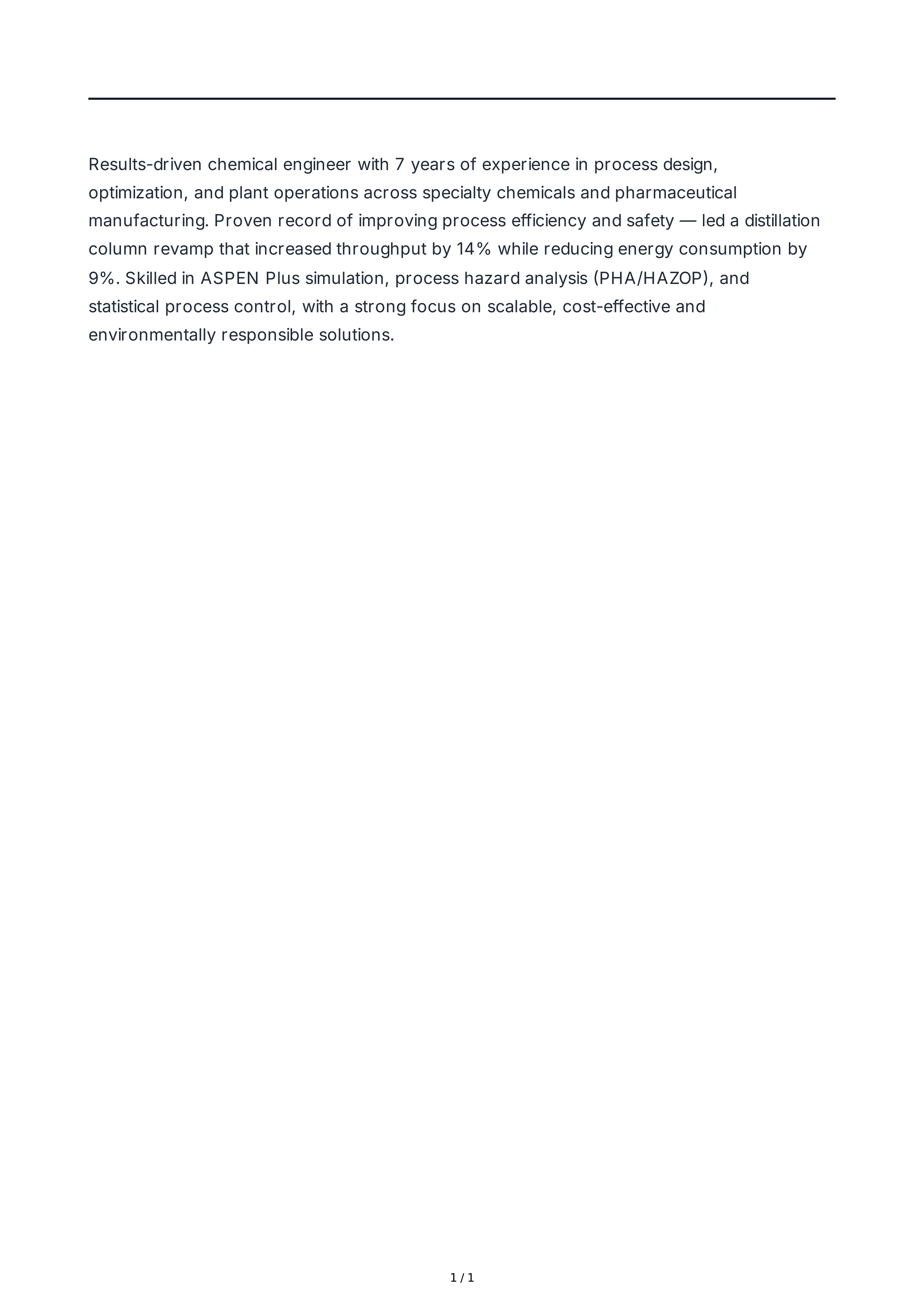 Chemical Engineer Resume Summary — page 1