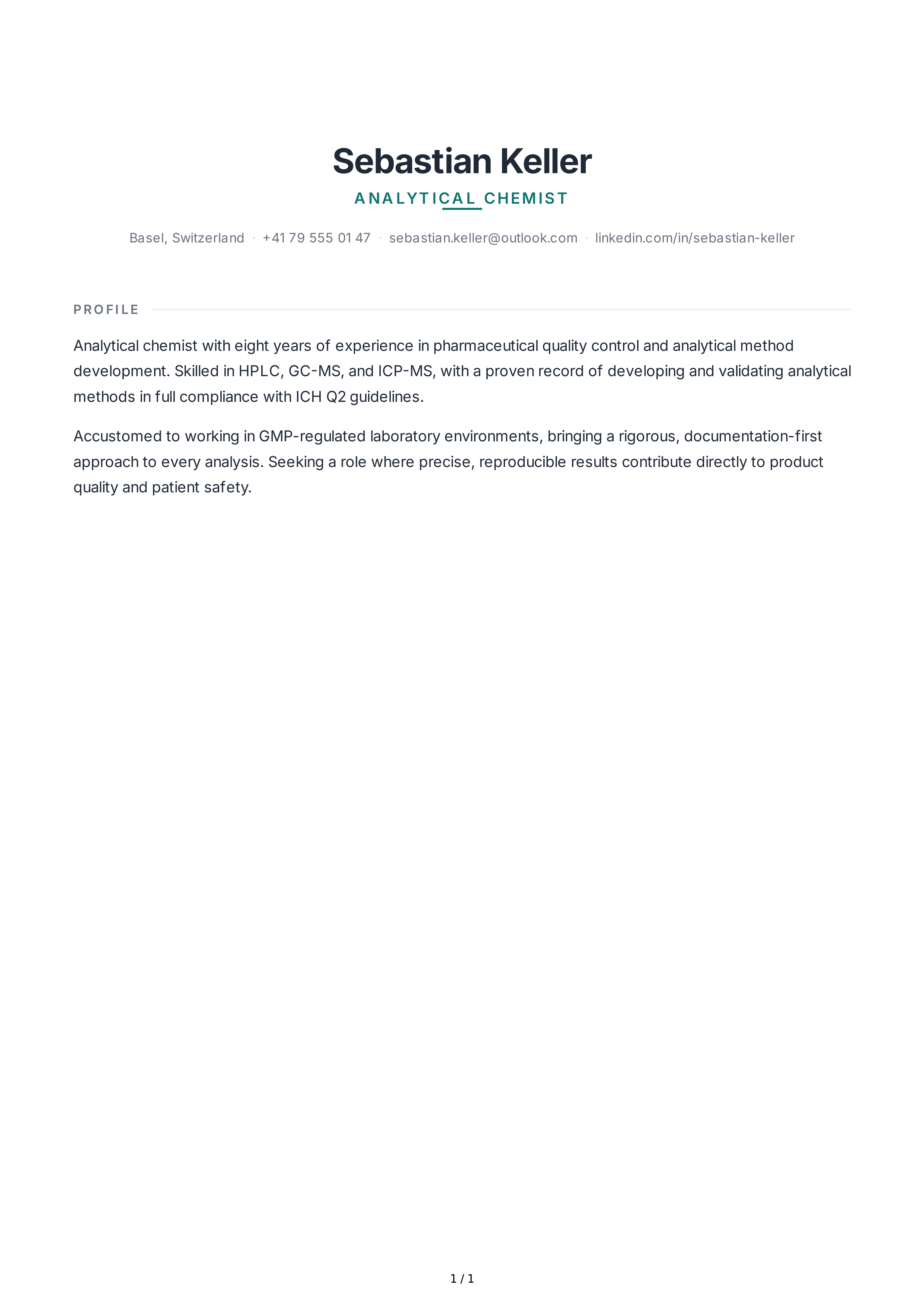 Chemist Resume Profile — page 1