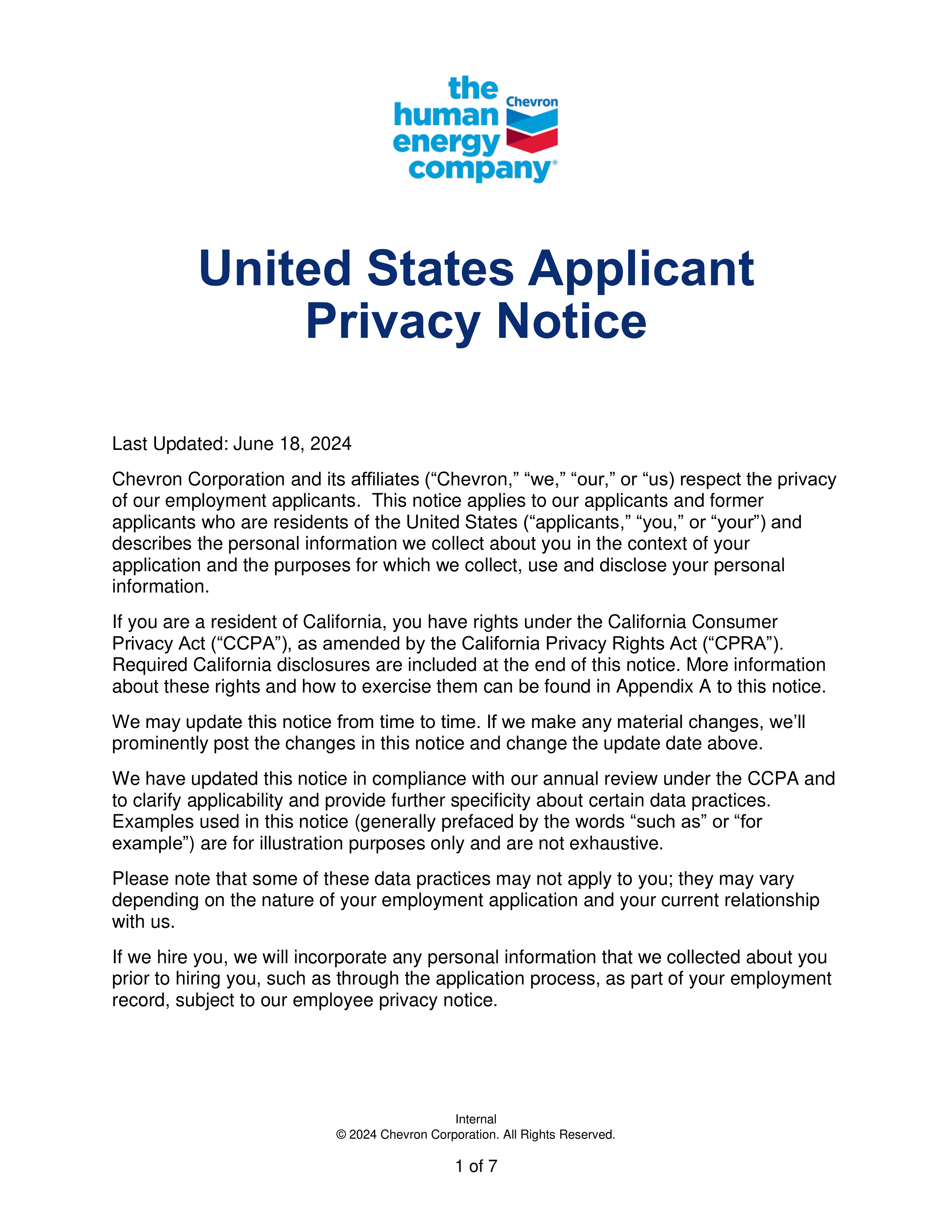 Chevron Job Applicant Privacy Notice — page 1