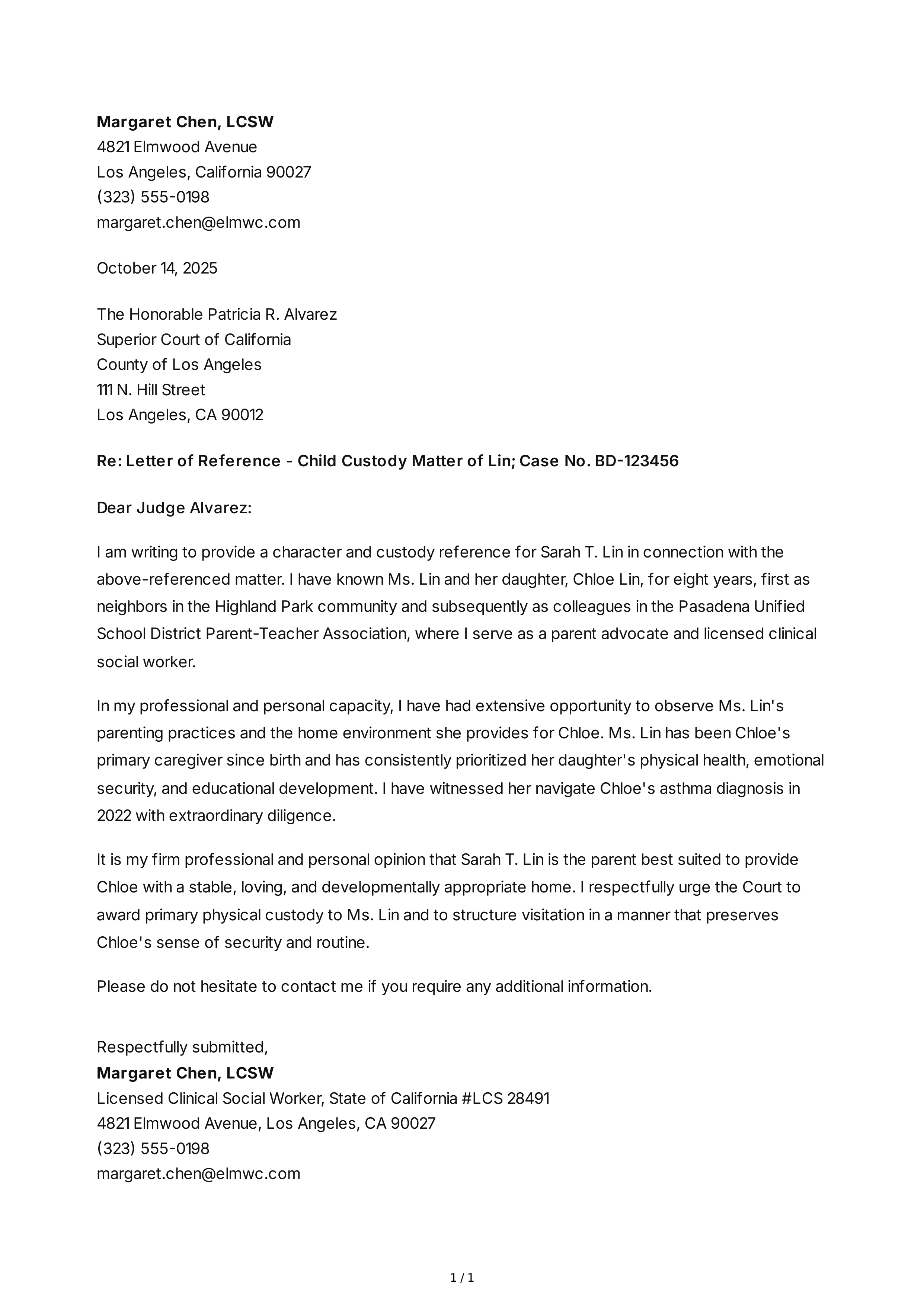 Child Custody Reference Letter — page 1