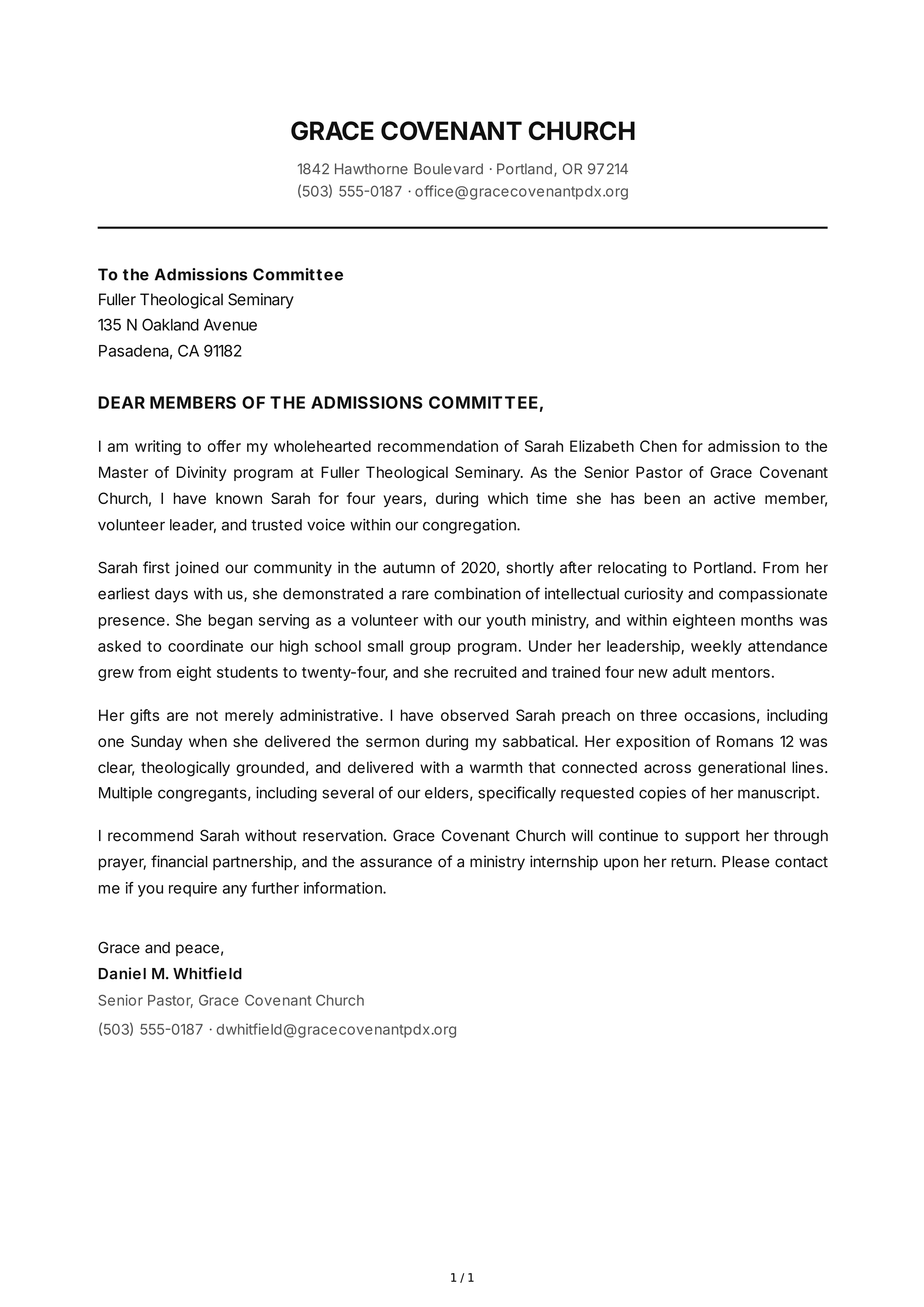 Church Reference Letter — page 1