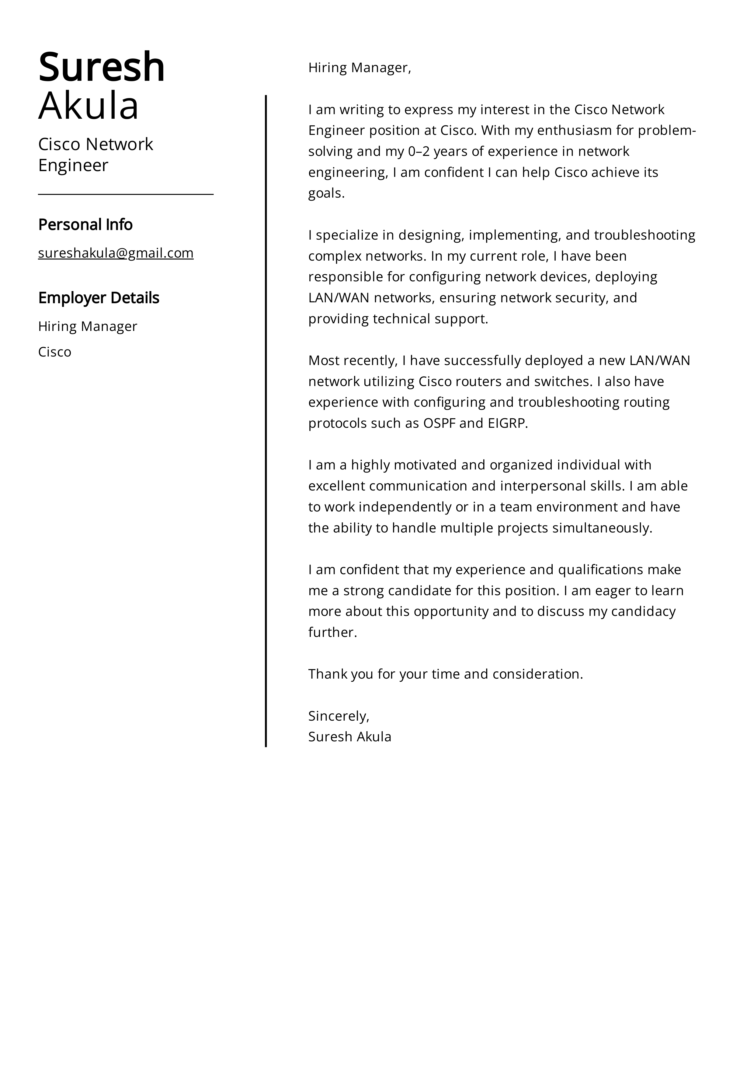 Cisco Network Engineer Cover Letter — page 1