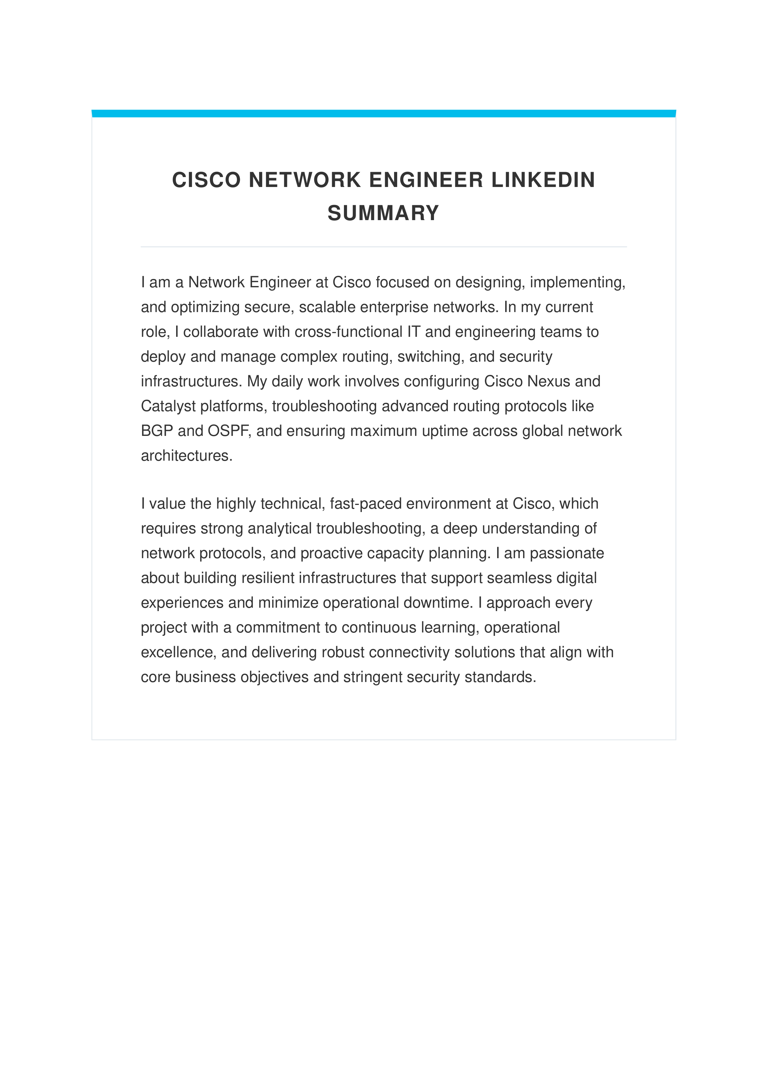Cisco Network Engineer LinkedIn Summary — page 1