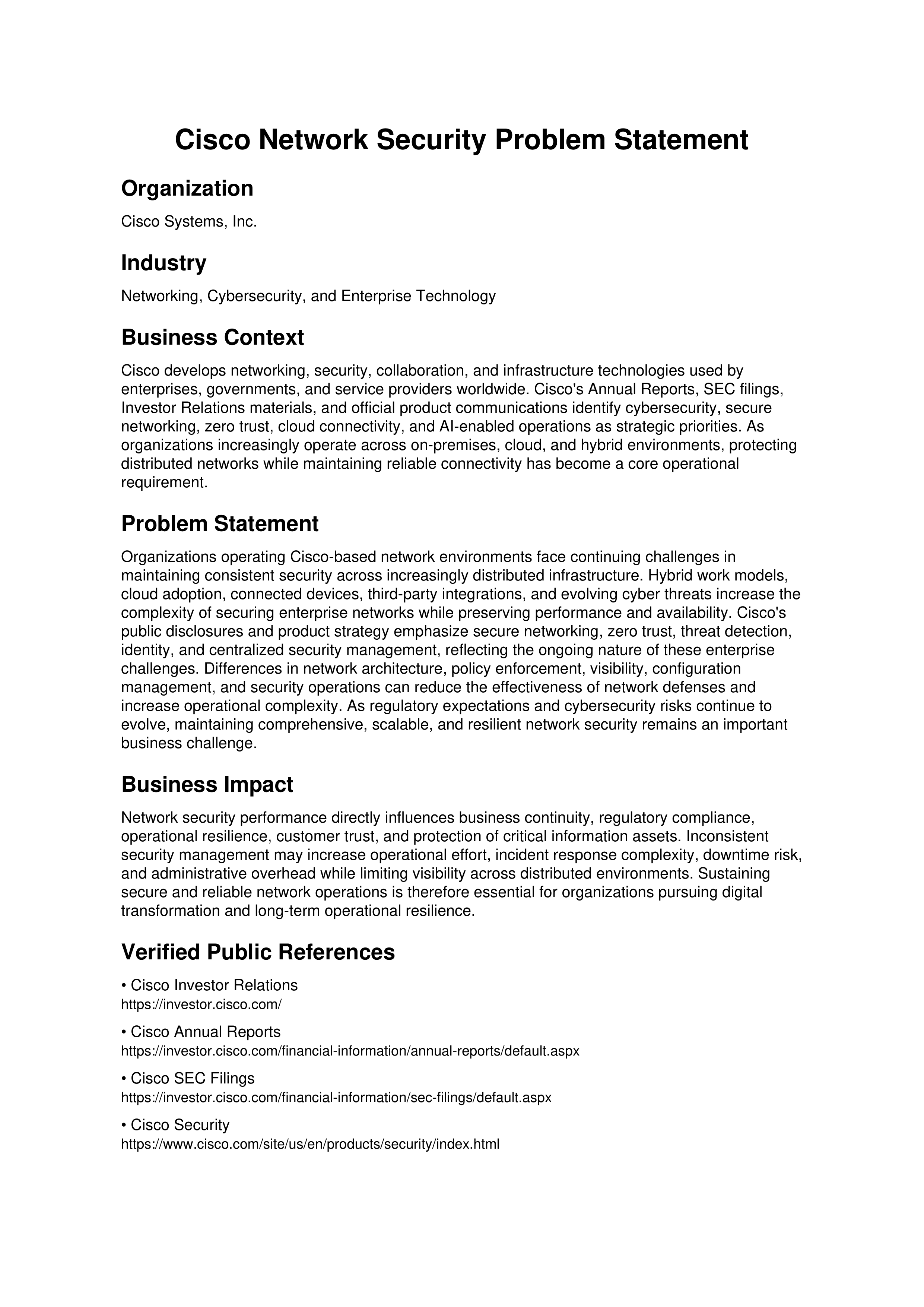 Cisco Network Security Problem Statement — page 1