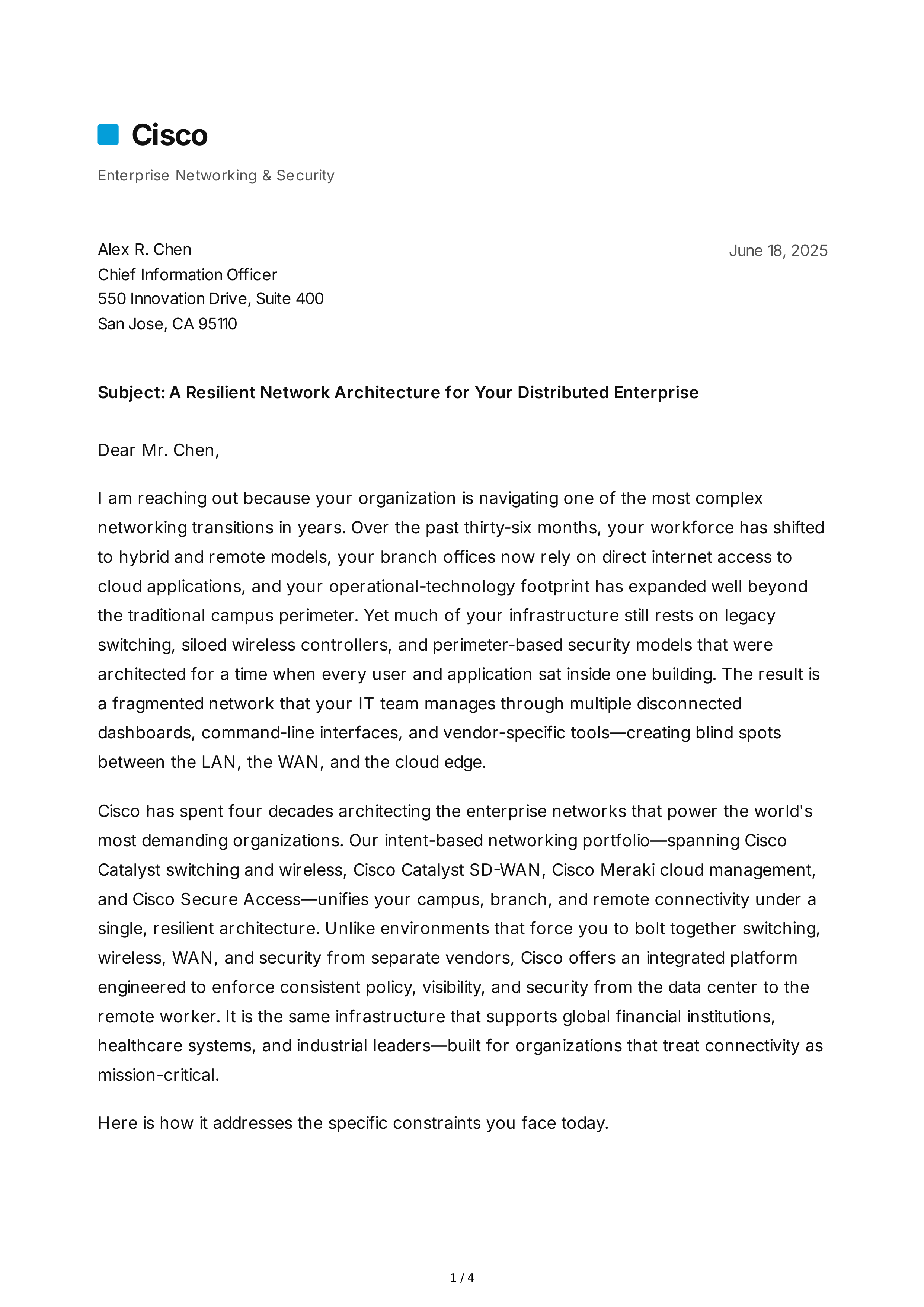 Cisco Networking Sales Letter — page 1