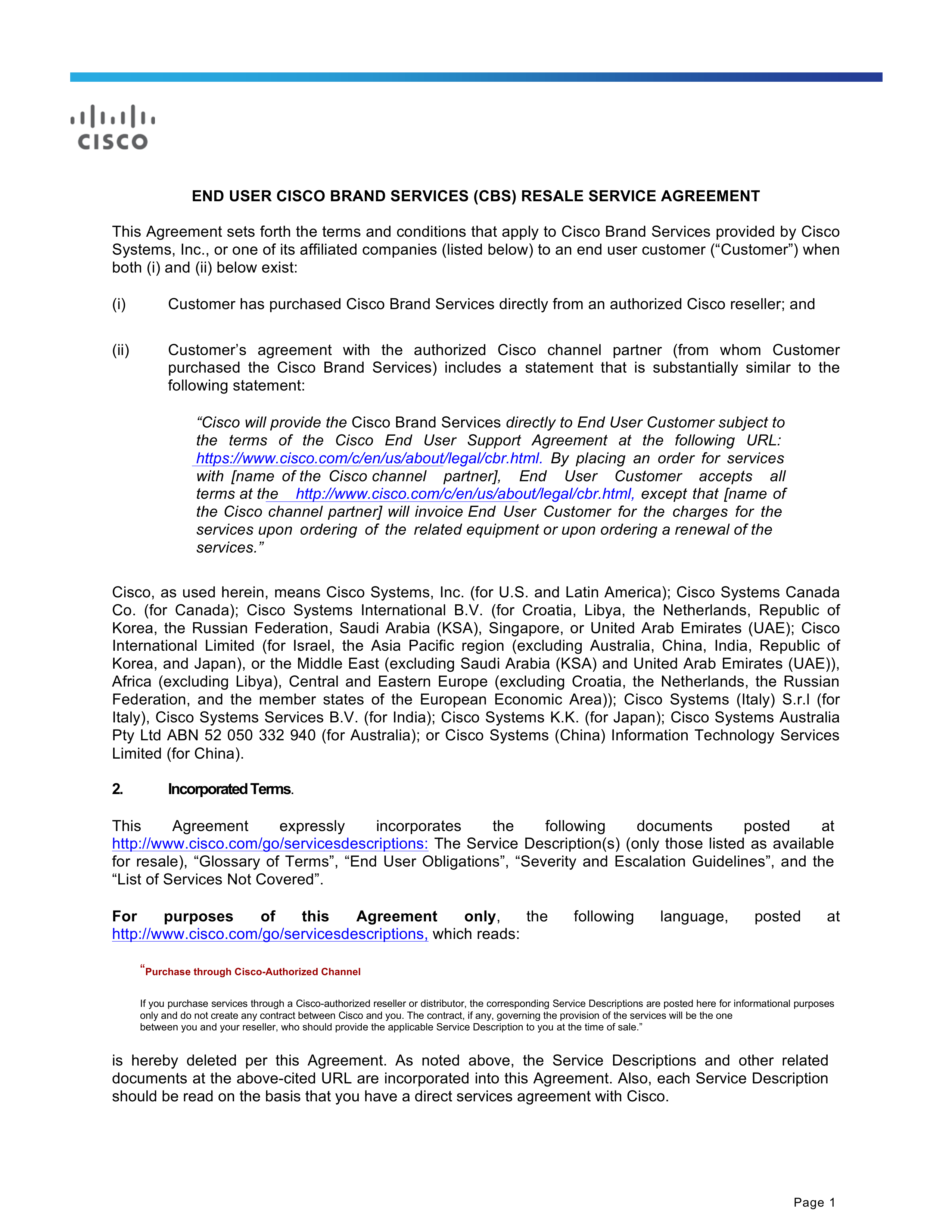 Cisco Resale Service Agreement — page 1