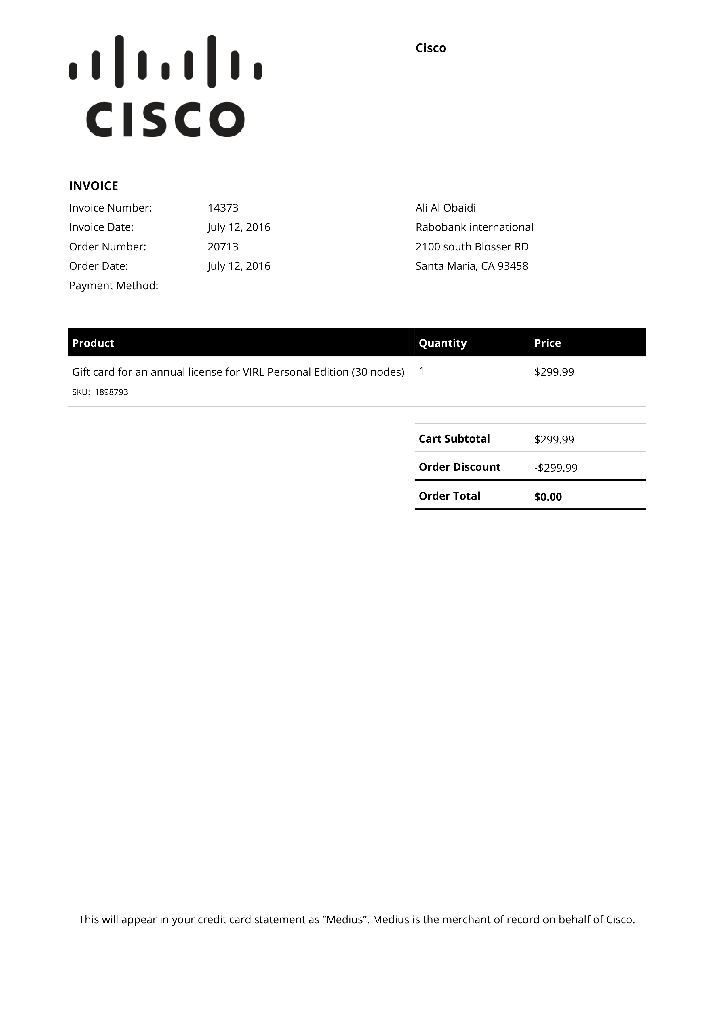 Cisco Software License Invoice — page 1