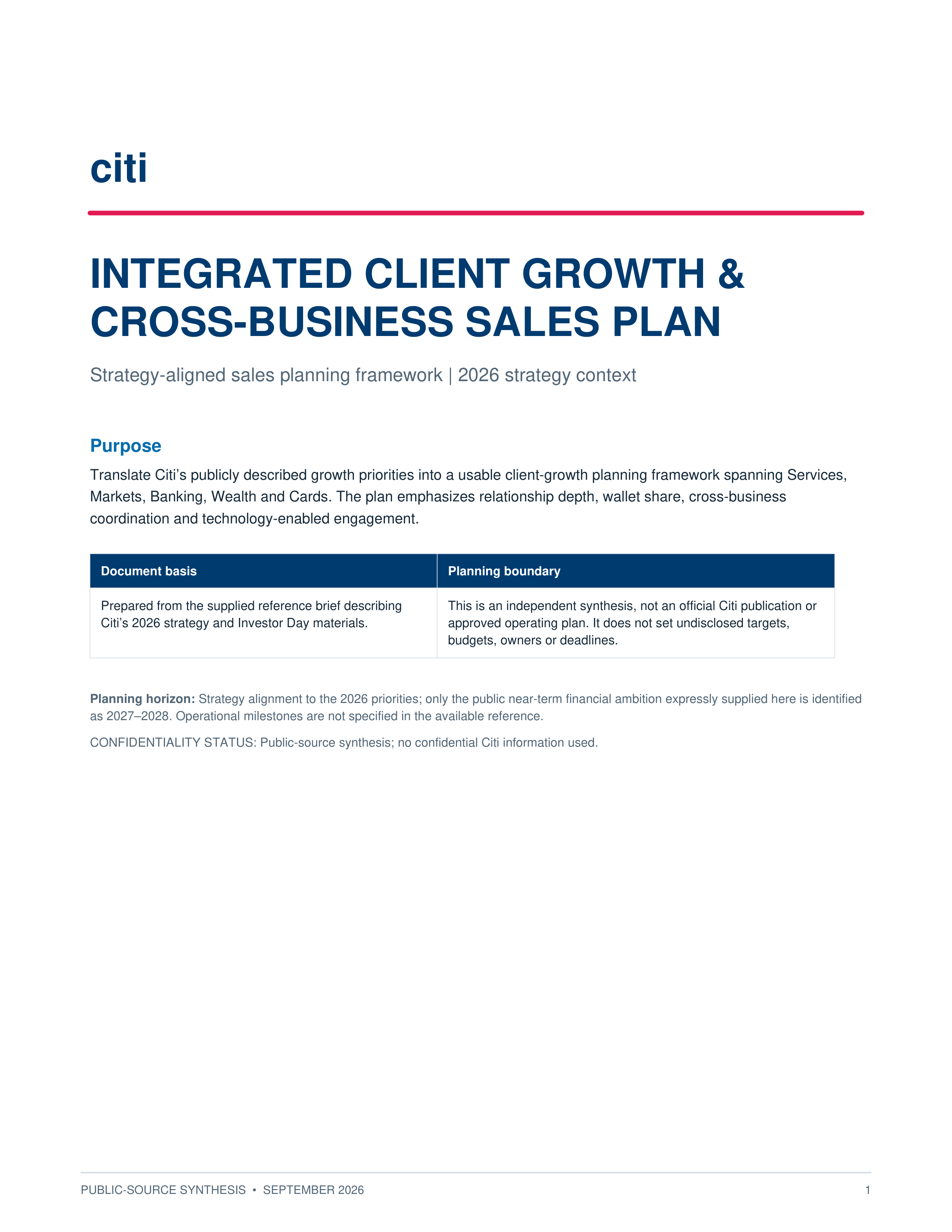 Citi Integrated Client Growth & Cross-Business Sales Plan — page 1