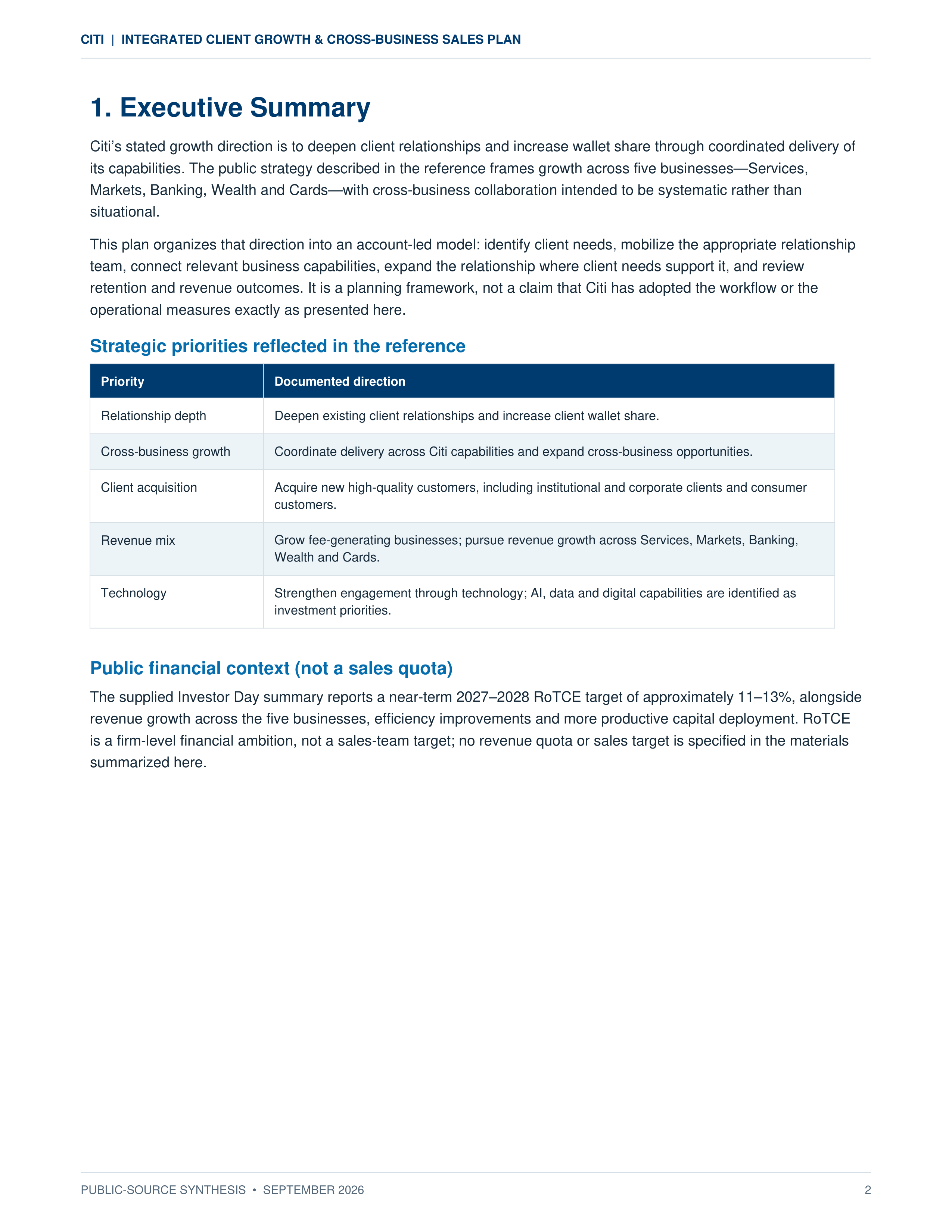 Citi Integrated Client Growth & Cross-Business Sales Plan — page 2